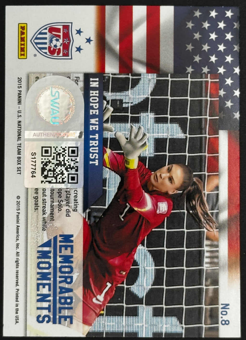 2015 Panini US National Team Box Set Hope Solo Memorable Moments #8, Autographed Card, SWAU/W