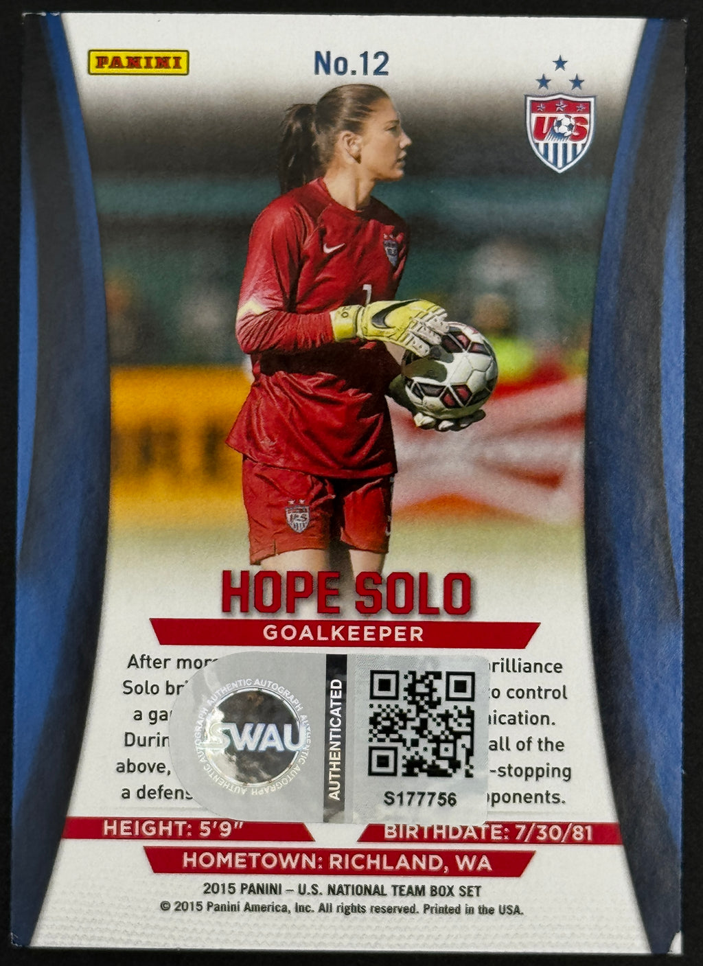 2015 Panini US National Team Box Set Hope Solo #12, Autographed Card, SWAU/W