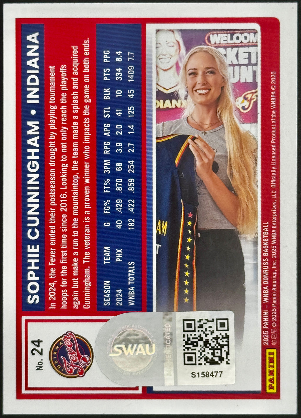2025 Panini WNBA Donruss Sophie Cunningham Indiana Fever On Card Autograph, SWAU Authenticated