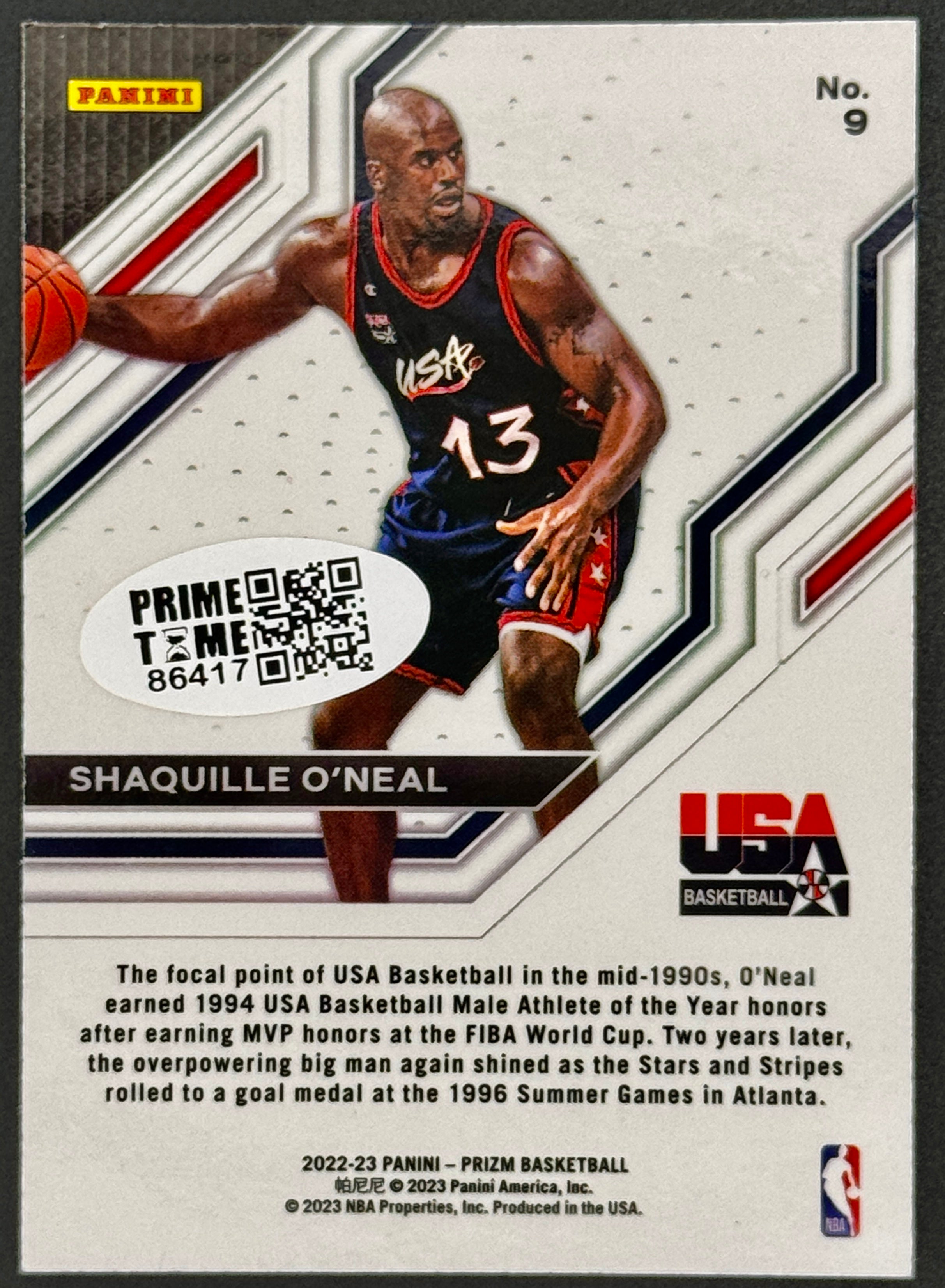 Shaquille O'Neal Autographed 22-23 Panini Prizim Team USA Card, Prime Time SOA