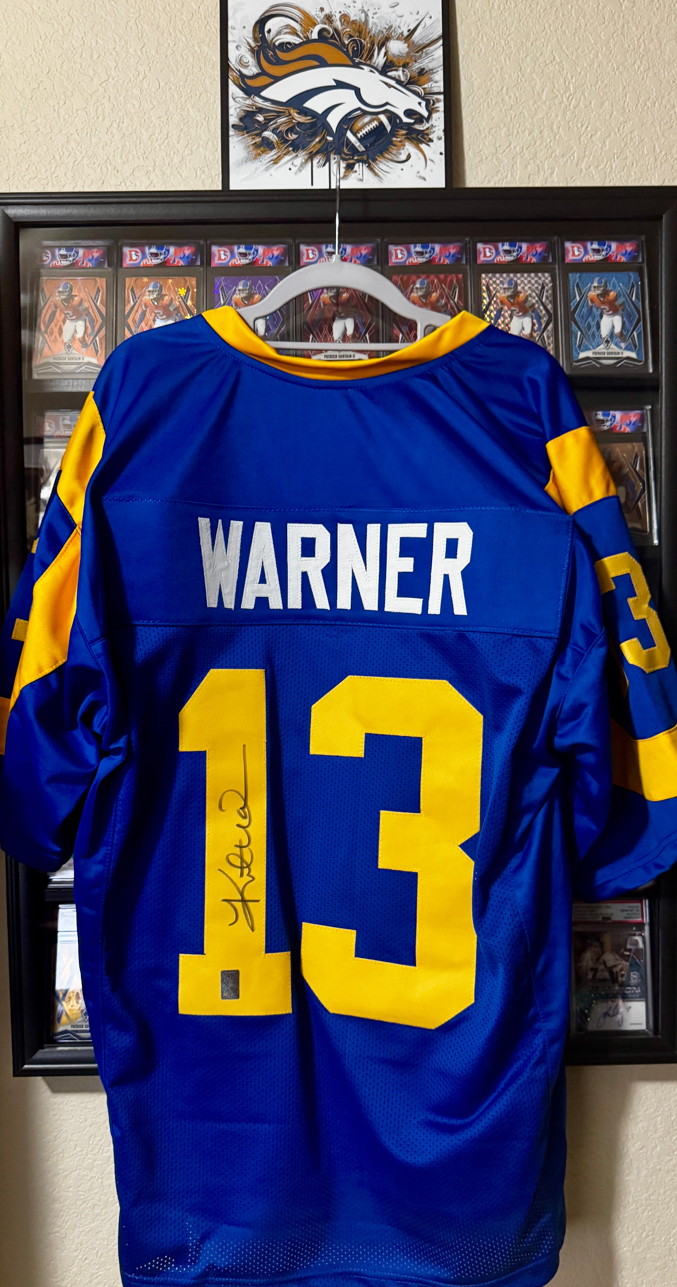 Kurt Warner Signed Custom Rams Jersey, Warner Hologram SOA
