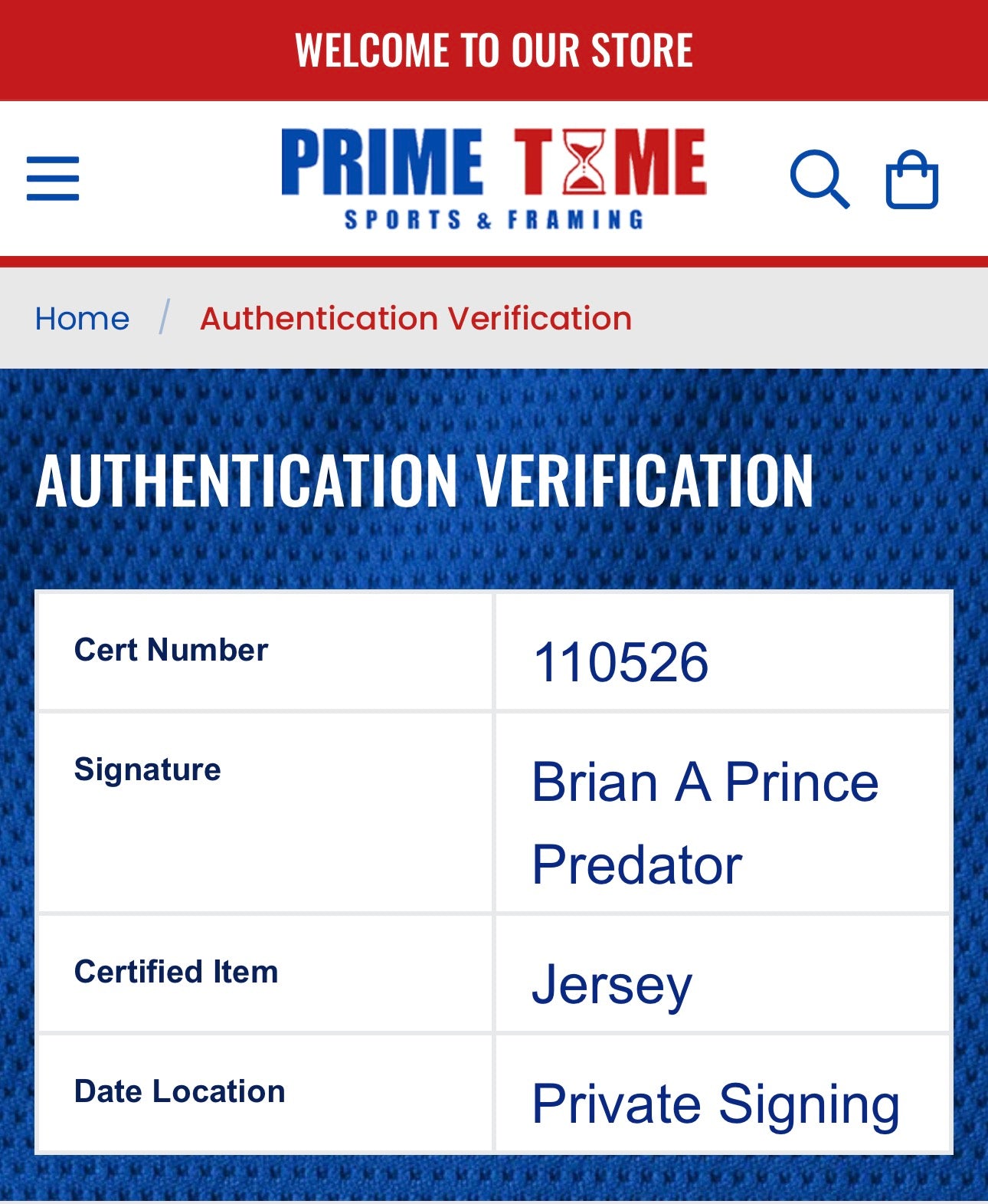 Brian Prince Autographed "Predator" Jersey W/ Mask Drawing, Prime Time SOA