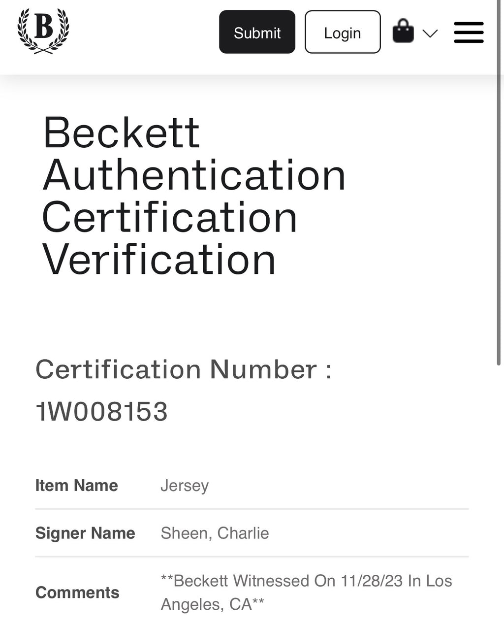 Charlie Sheen Autographed Custom Major League Ricky Vaughn Cleveland Silver Jersey,  Beckett COA