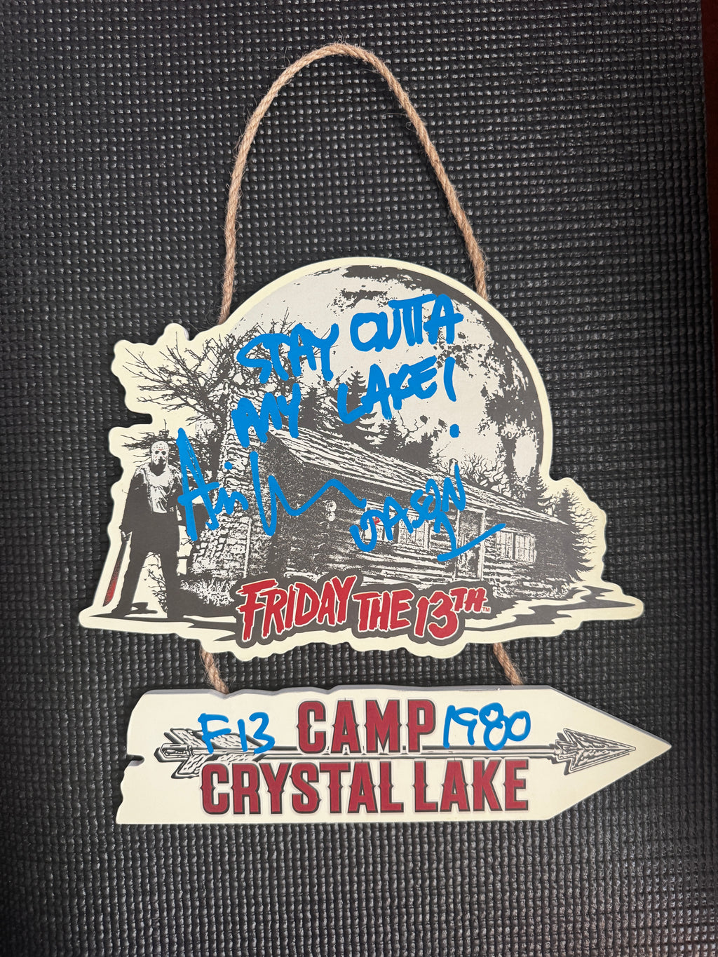 Ari Lemon Autographed & Inscribed "Stay Outta My Lake!" Blue Ink Camp Crystal Lake Wall Hanger, Beckett/W