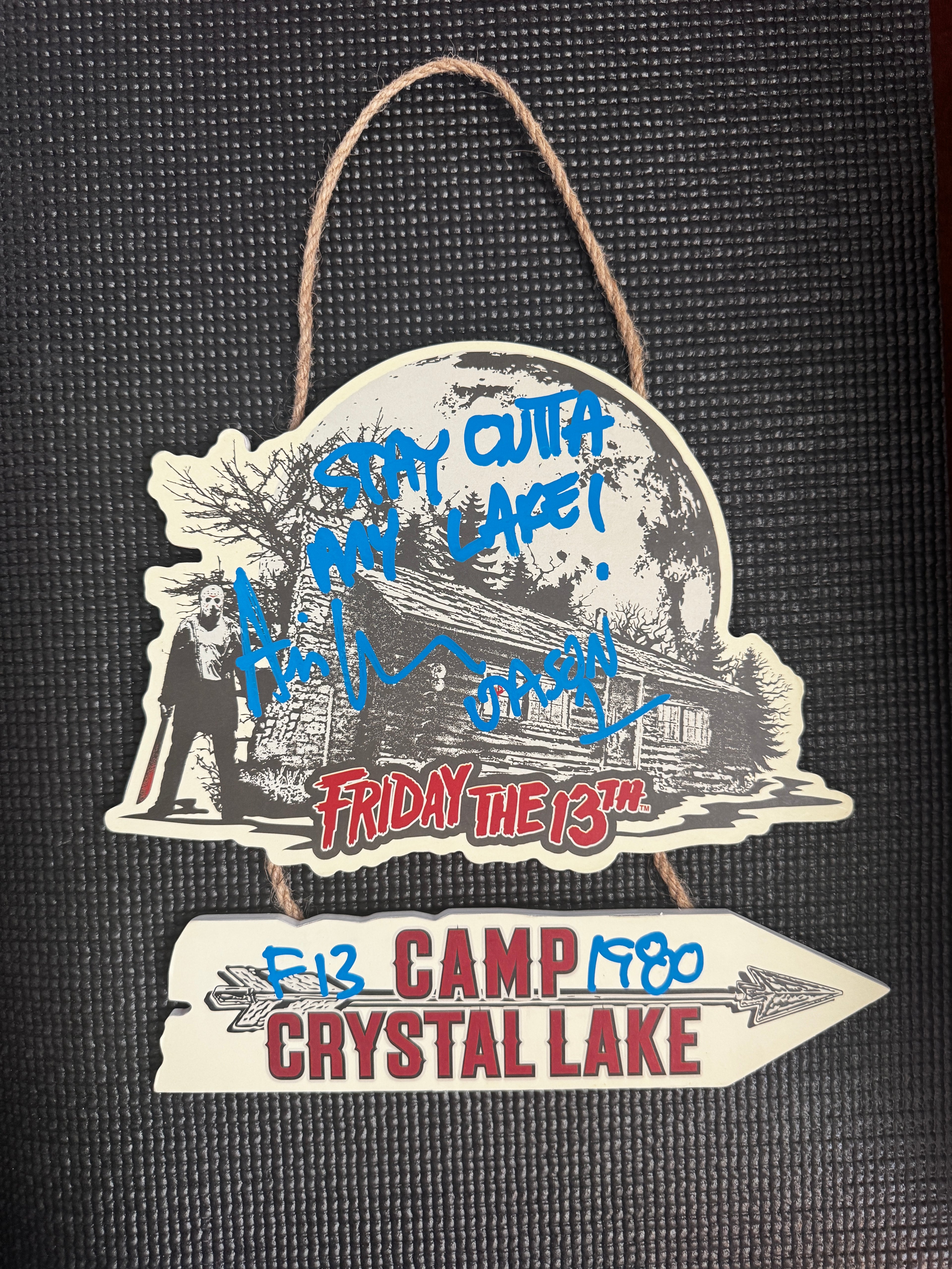 Ari Lemon Autographed & Inscribed "Stay Outta My Lake!" Blue Ink Camp Crystal Lake Wall Hanger, Beckett/W