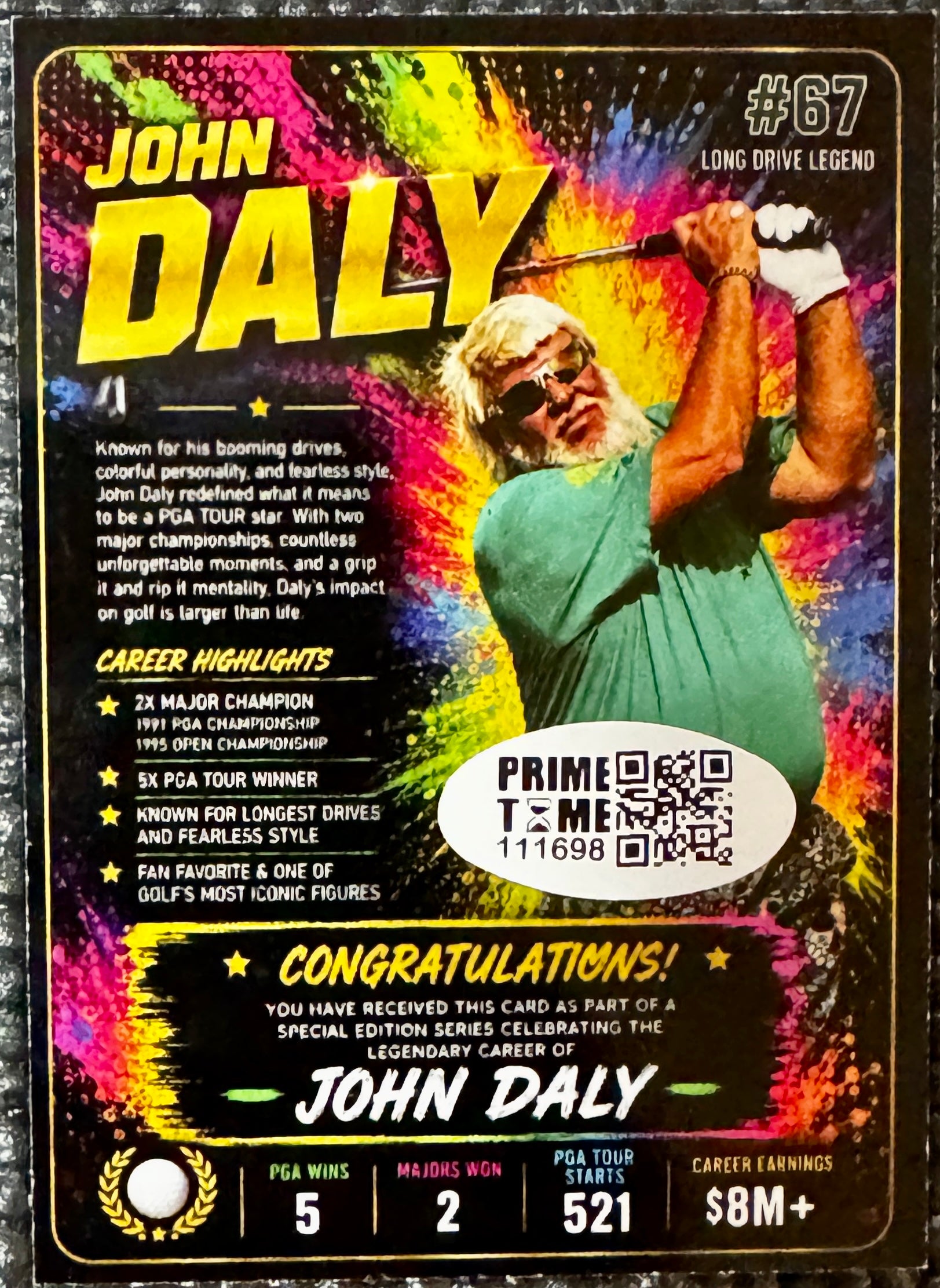John Daly Autographed Custom Card, Prime Time SOA