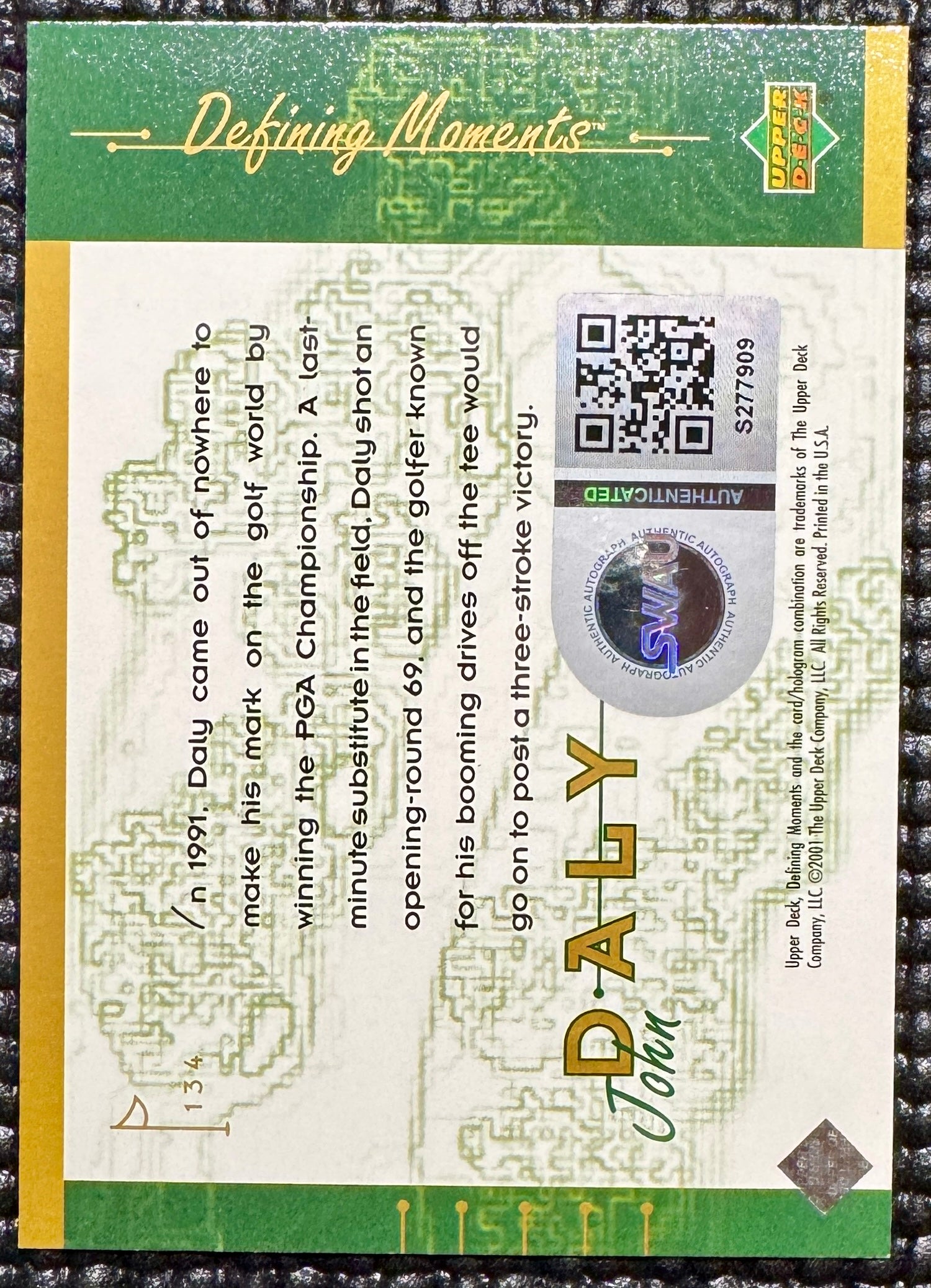 John Daly Autographed Upper Deck Defining Moments Card, SWAU SOA