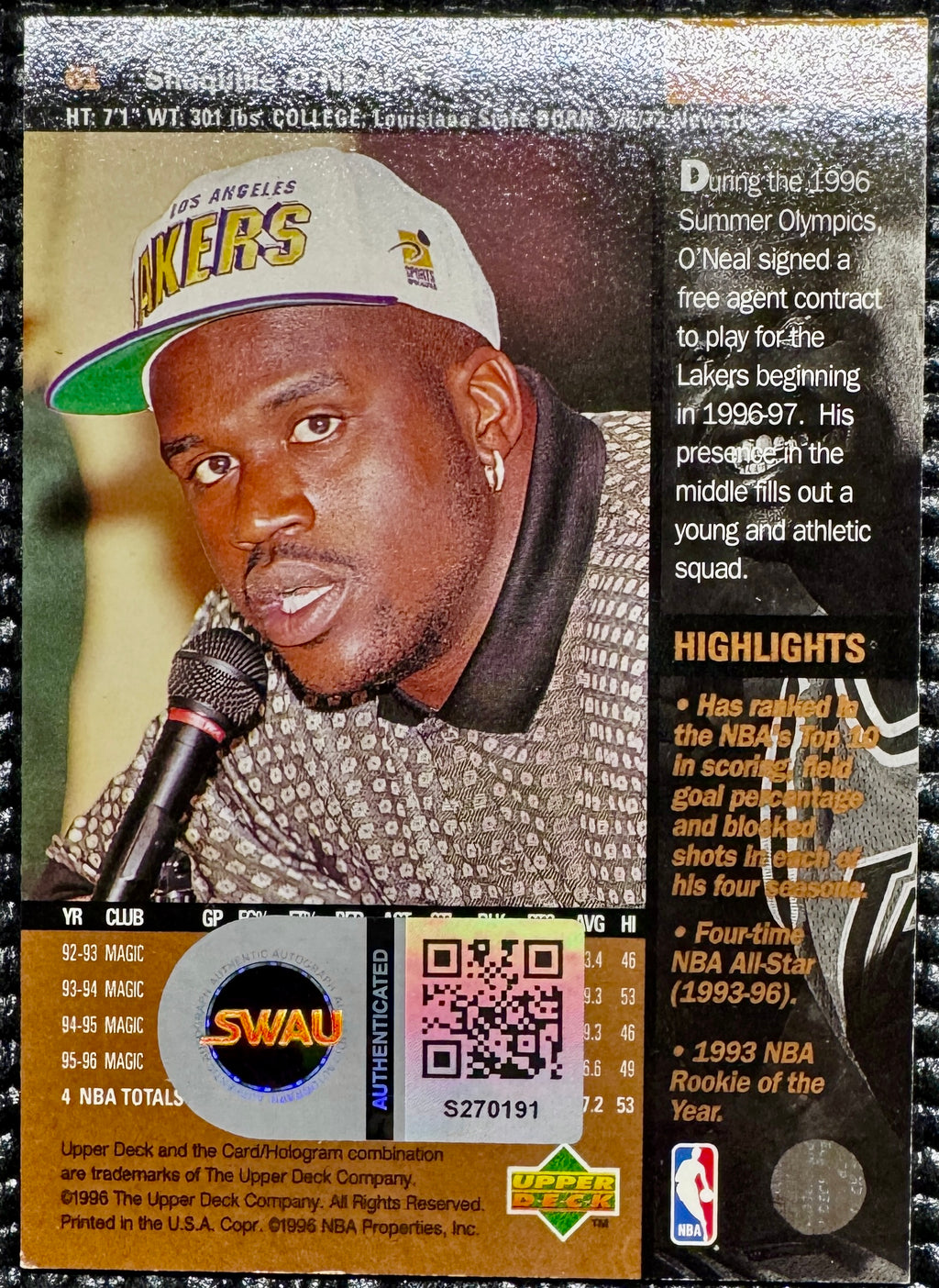 Shaquille O'Neal Autographed 1996 Upper Deck Card, LA Lakers, SWAU SOA