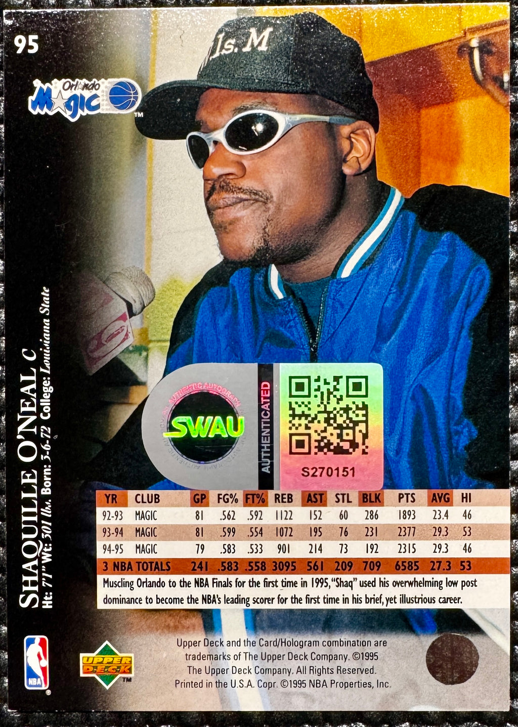 Shaquille O'Neal Autographed 1995 Upper Deck Card, Orlando Magic, SWAU SOA