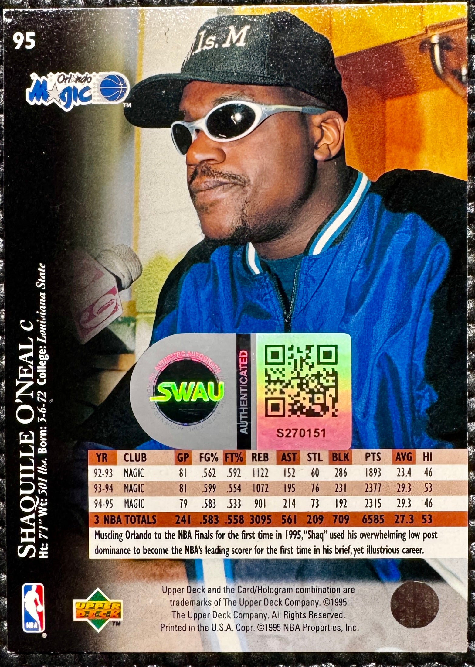 Shaquille O'Neal Autographed 1995 Upper Deck Card, Orlando Magic, SWAU SOA