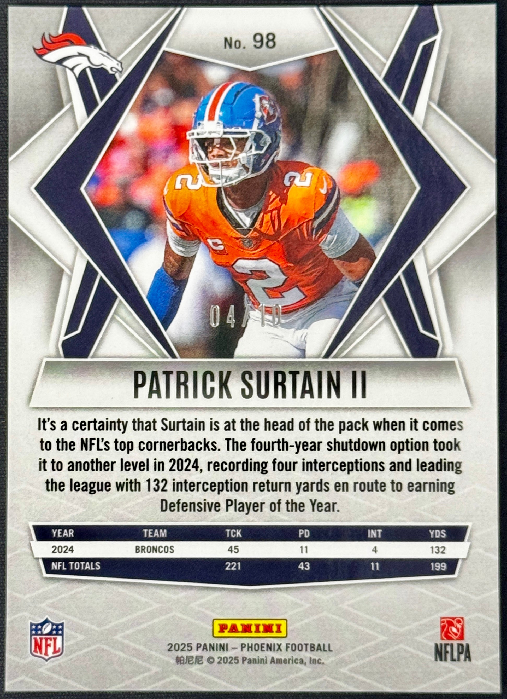 2025 Panini NFL Phoenix Patrick Surtain COLORBURST PARALLEL Card 4/10