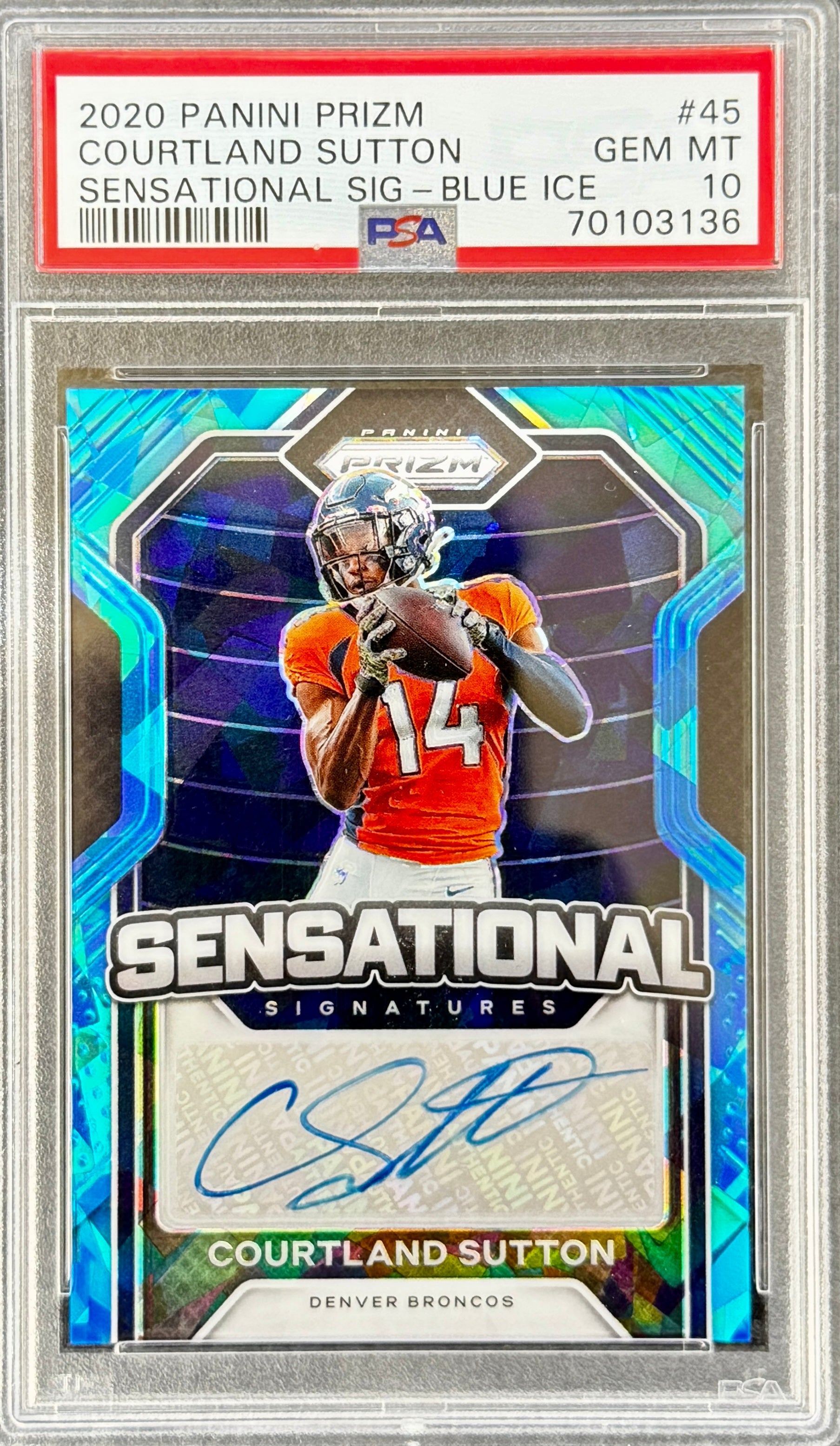 2020 Panini Prizim Courtland Sutton Sensational Sig - Blue Ice # 45 PSA 10
