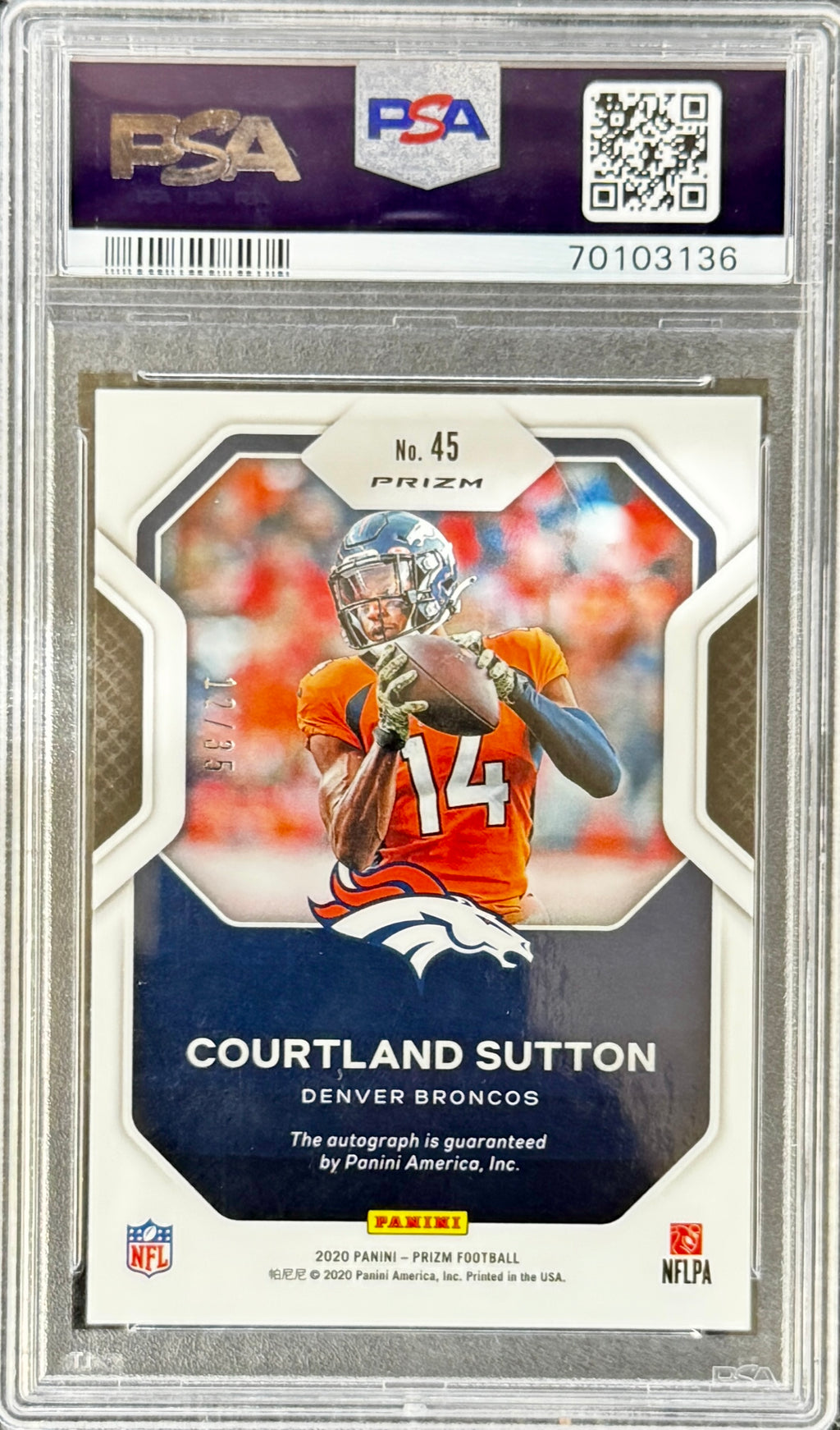 2020 Panini Prizim Courtland Sutton Sensational Sig - Blue Ice # 45 PSA 10