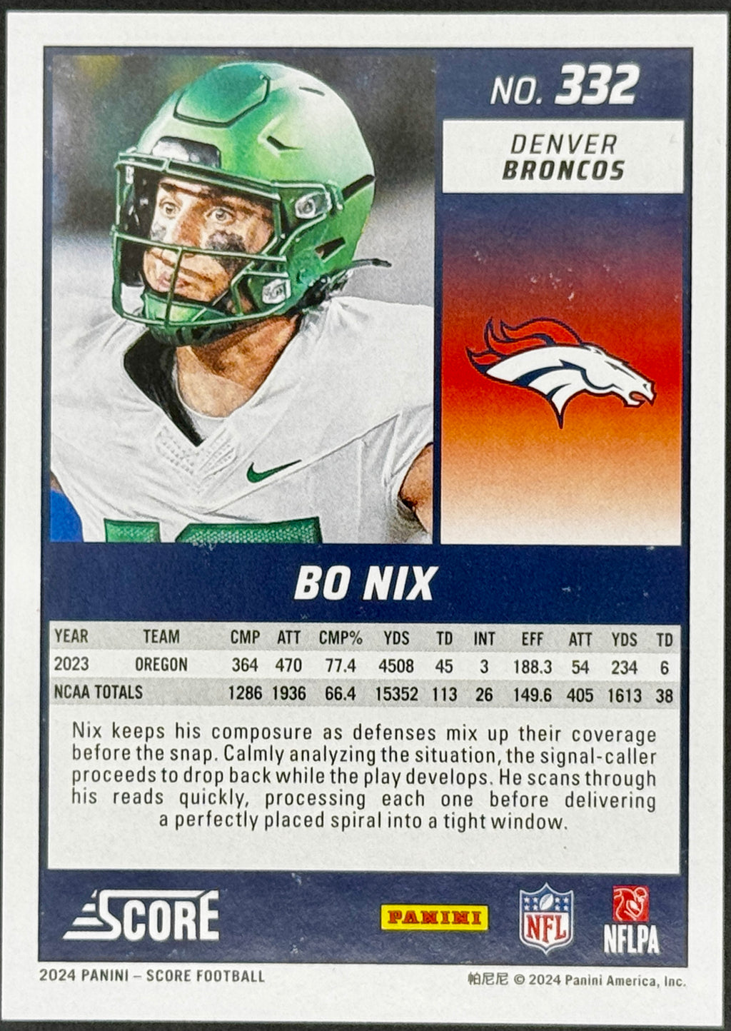 2024 Panini Score Bo Nix RC #488/630 #332