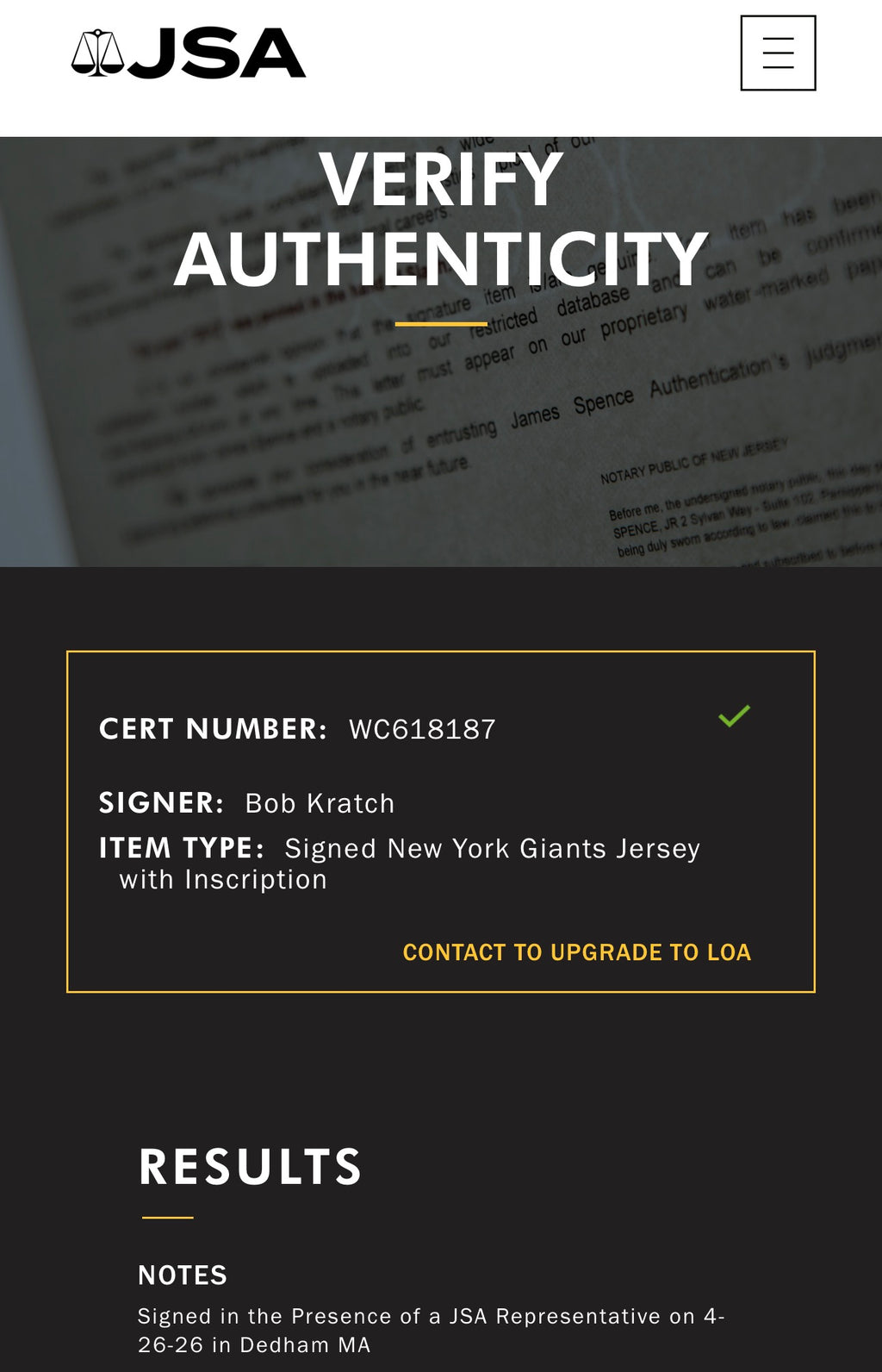 Bob Kratch, Autographed NY Giants Jersey Inscribed "XXV SB Champ", JSA SOA