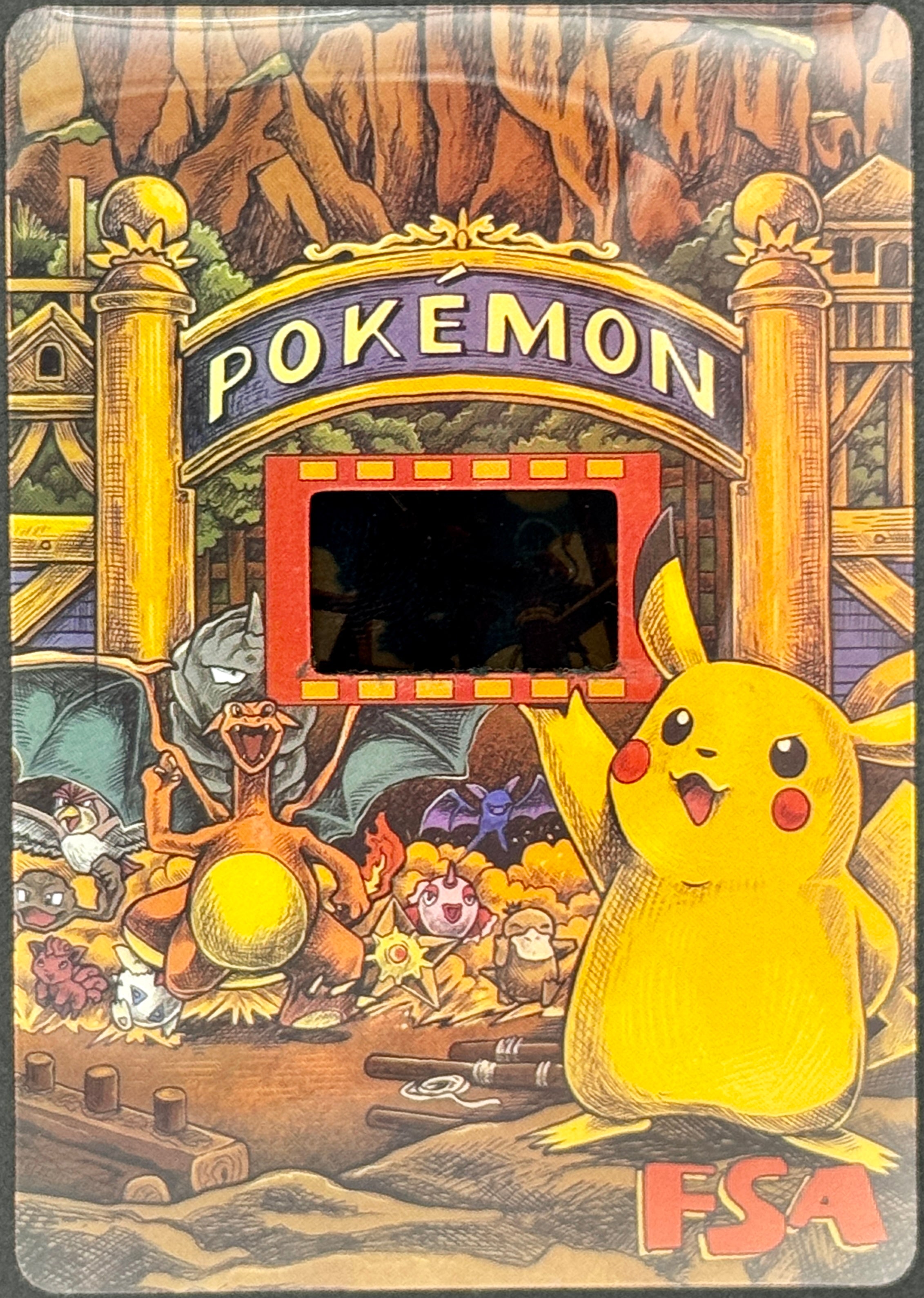 Authentic Pokémon 35mm Film Cell from Pikachu's Vacation in FSA Custom Card Holder (🎬 Features Aipom, Raichu, Marill, and the iconic playground scene)