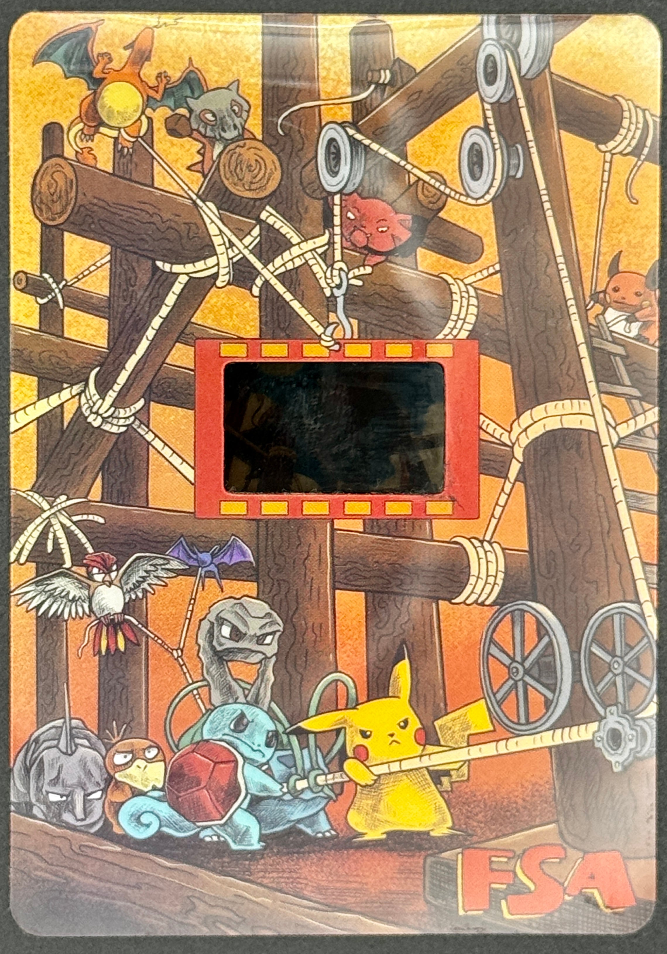 Authentic Pokémon 35mm Film Cell from Pikachu's Vacation in FSA Custom Card Holder (🎬 Features Aipom, Raichu, Marill, and the iconic playground scene)
