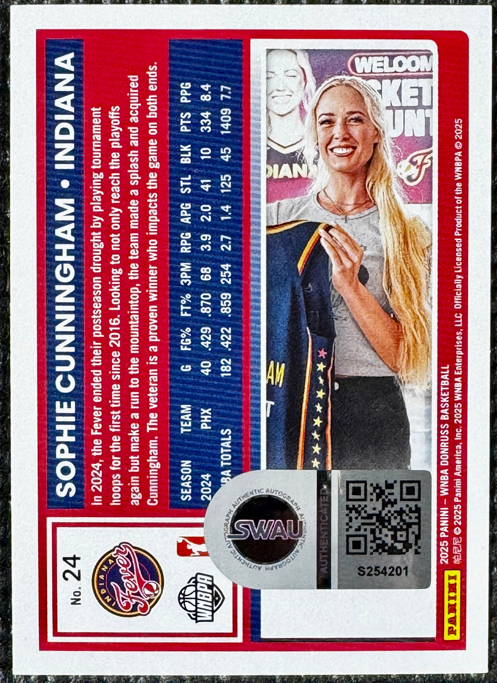 2025 Panini WNBA Donruss Sophie Cunningham Indiana Fever On Card Autograph, SWAU Authenticated