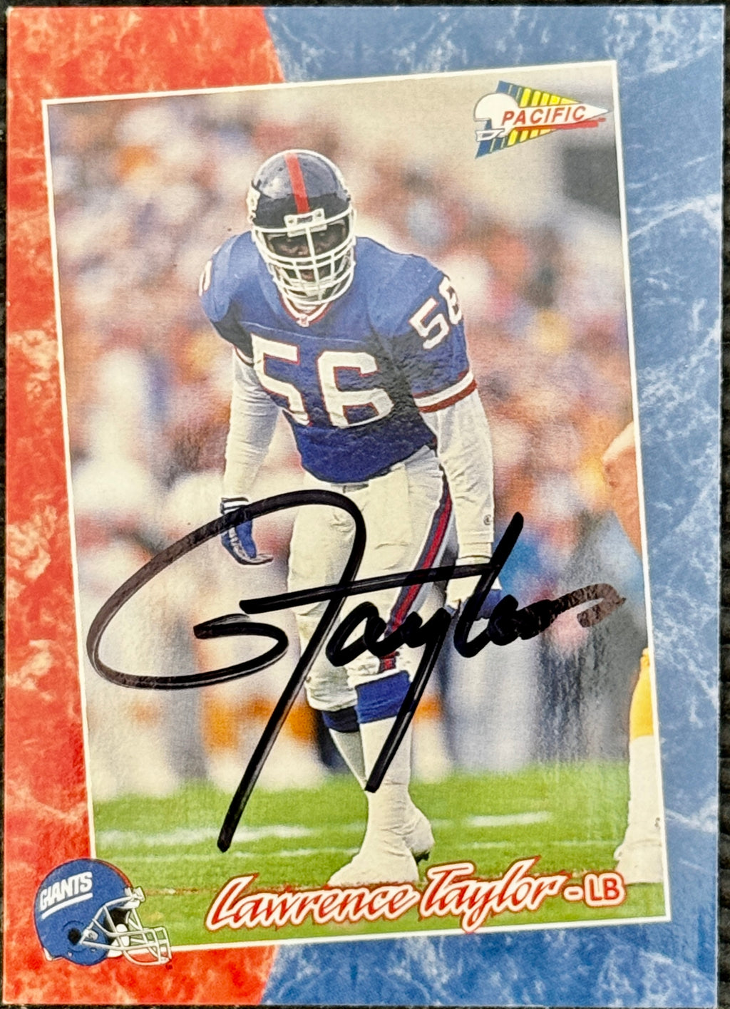 1993 Pacific Trading Cards Lawrence Taylor Autographed Giants Card, SWAU SOA