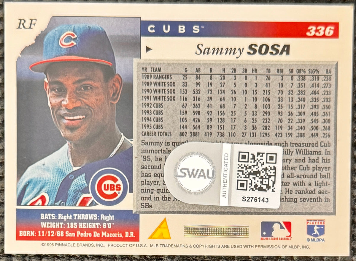 1996 Score Baseball Sammy Sosa Autographed Trading Card, SWAU SOA