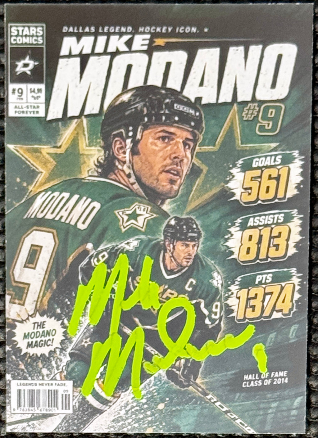 Mike Modano - Dallas Stars - Autographed Custom Comic Book Card, Prime Time SOA