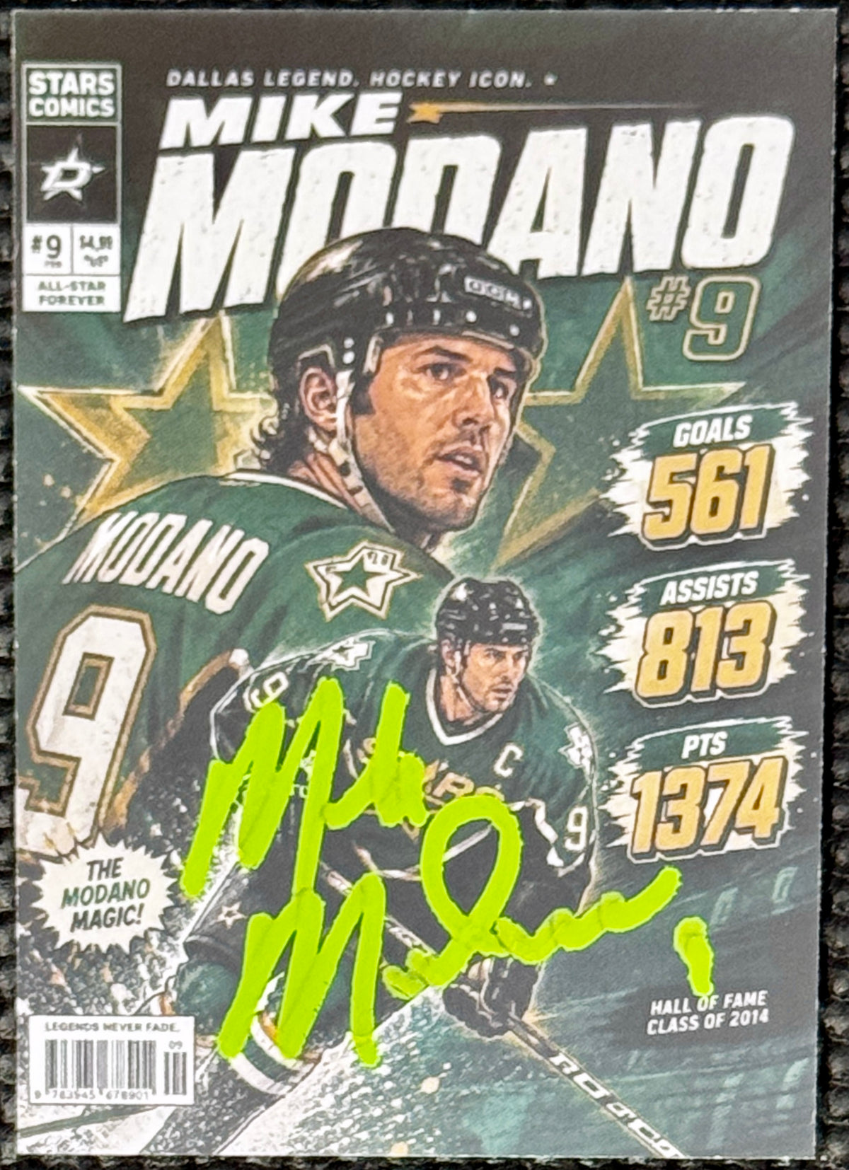Mike Modano - Dallas Stars - Autographed Custom Comic Book Card, Prime Time SOA