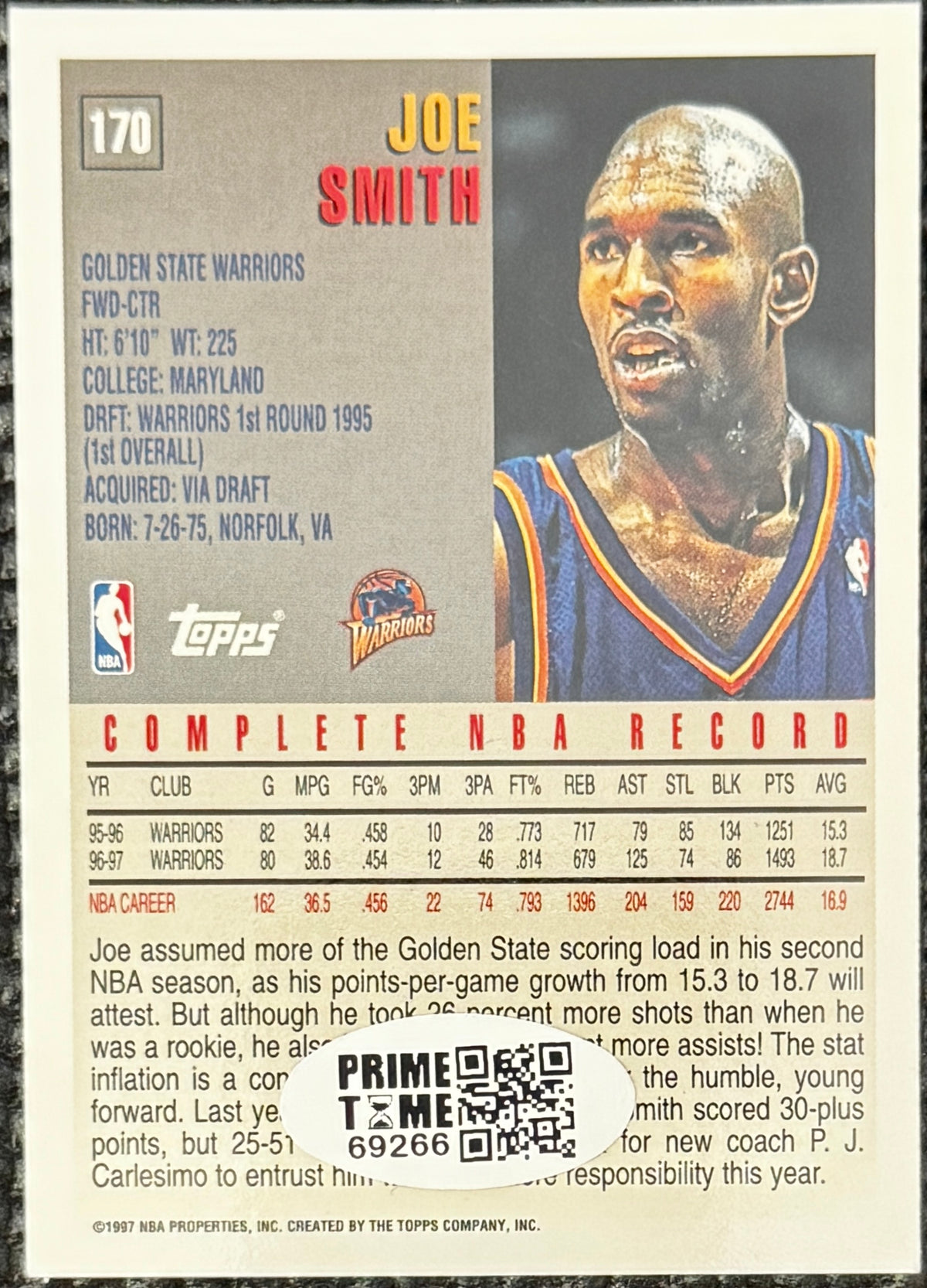 1997 Topps Joe Smith On Card Autograph - Golden State, Prime Time SOA