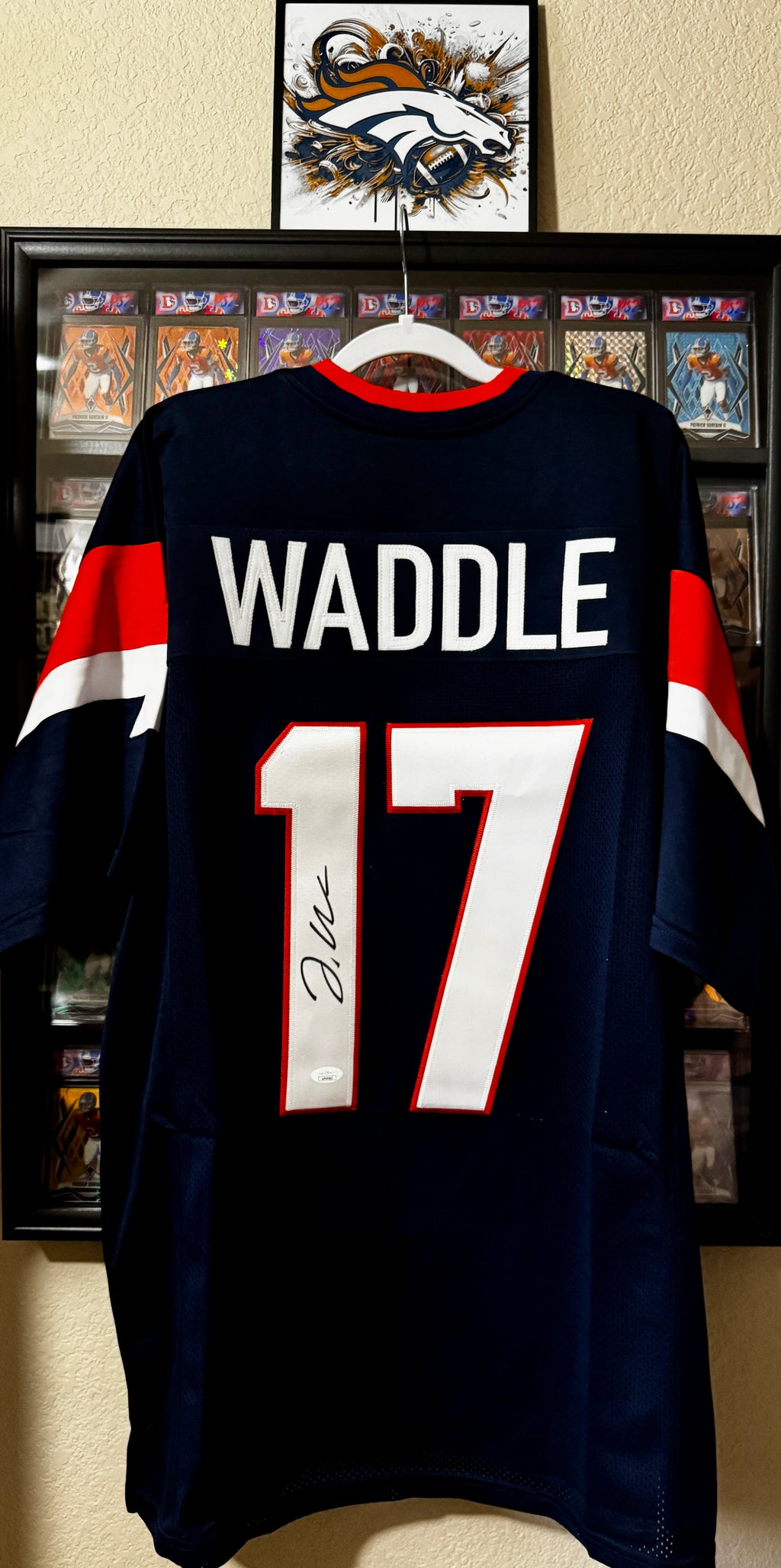 Jaylen Waddle Autographed Custom Denver Broncos Jersey, JSA SOA