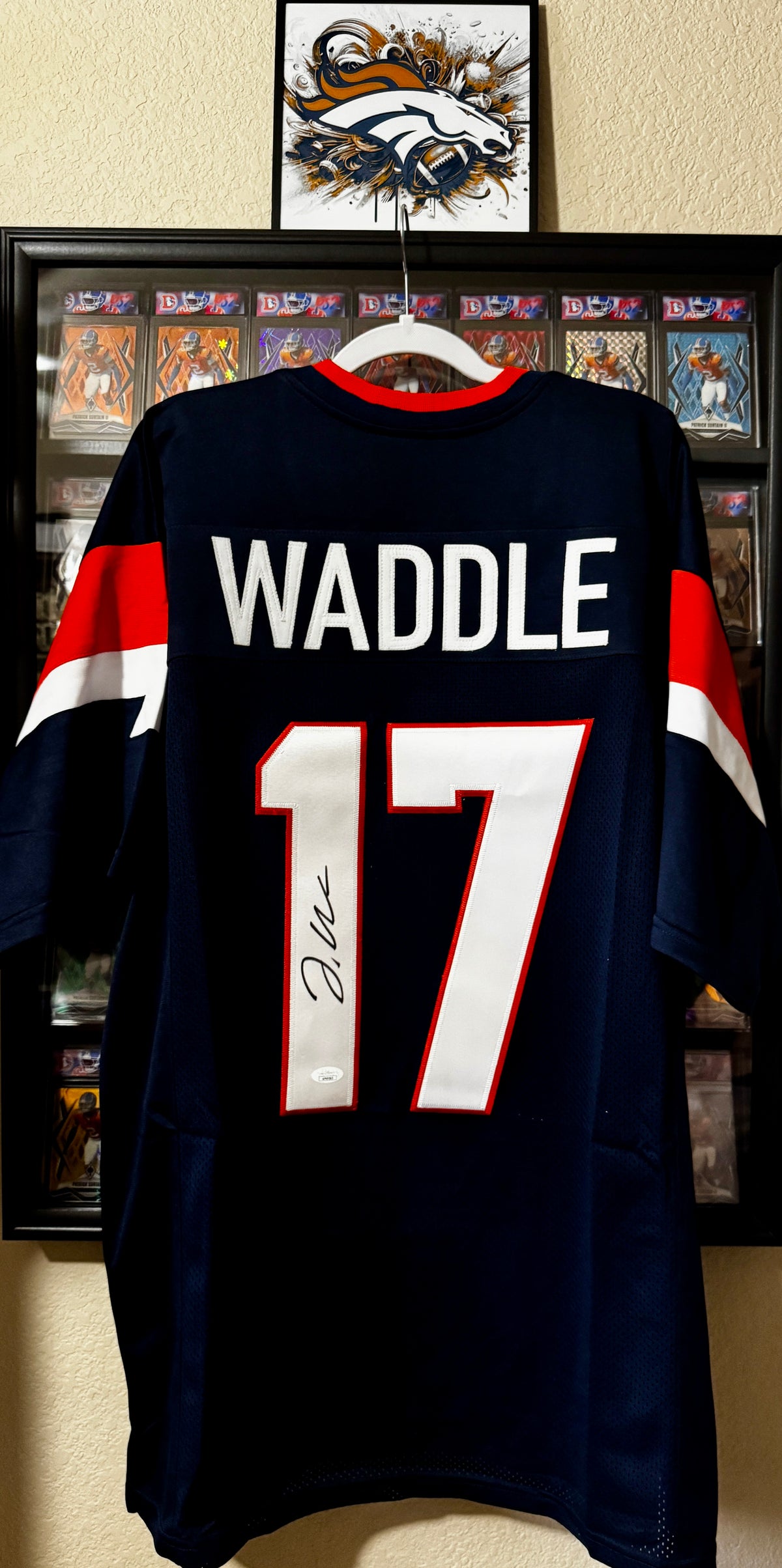 Jaylen Waddle Autographed Custom Denver Broncos Jersey, JSA SOA