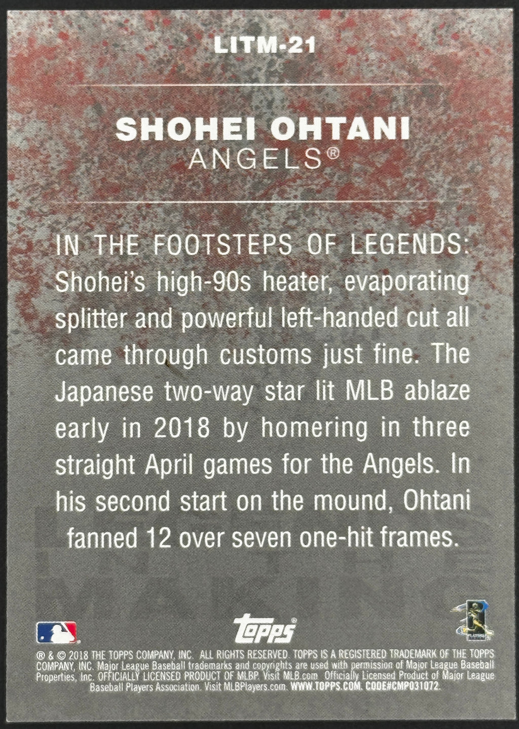 2018 Topps Update Shohei Ohtani Legends in the Making #LITM-21 Angels (RC)