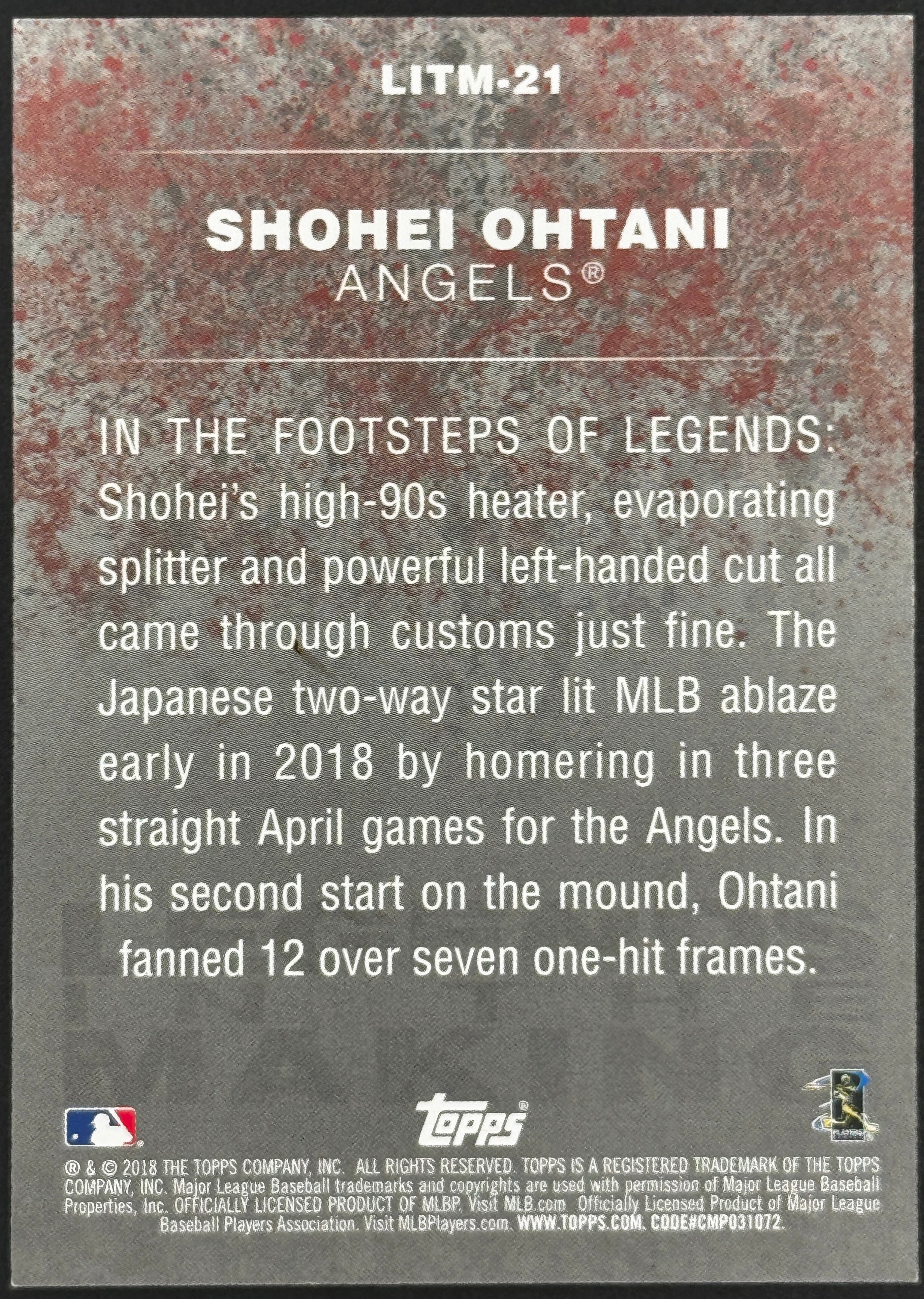 2018 Topps Update Shohei Ohtani Legends in the Making #LITM-21 Angels (RC)