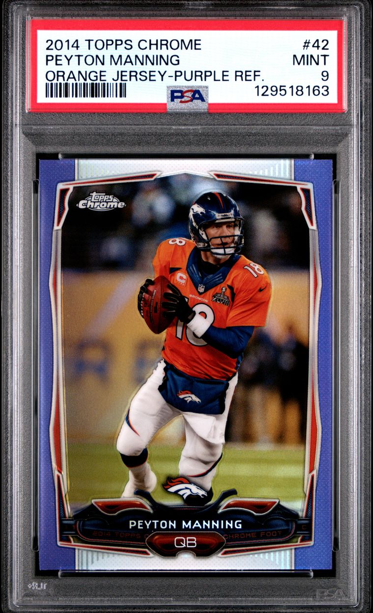 2014 TOPPS CHROME | ORANGE JERSEY-PURPLE REFRACTOR #42 PEYTON MANNING PSA 9