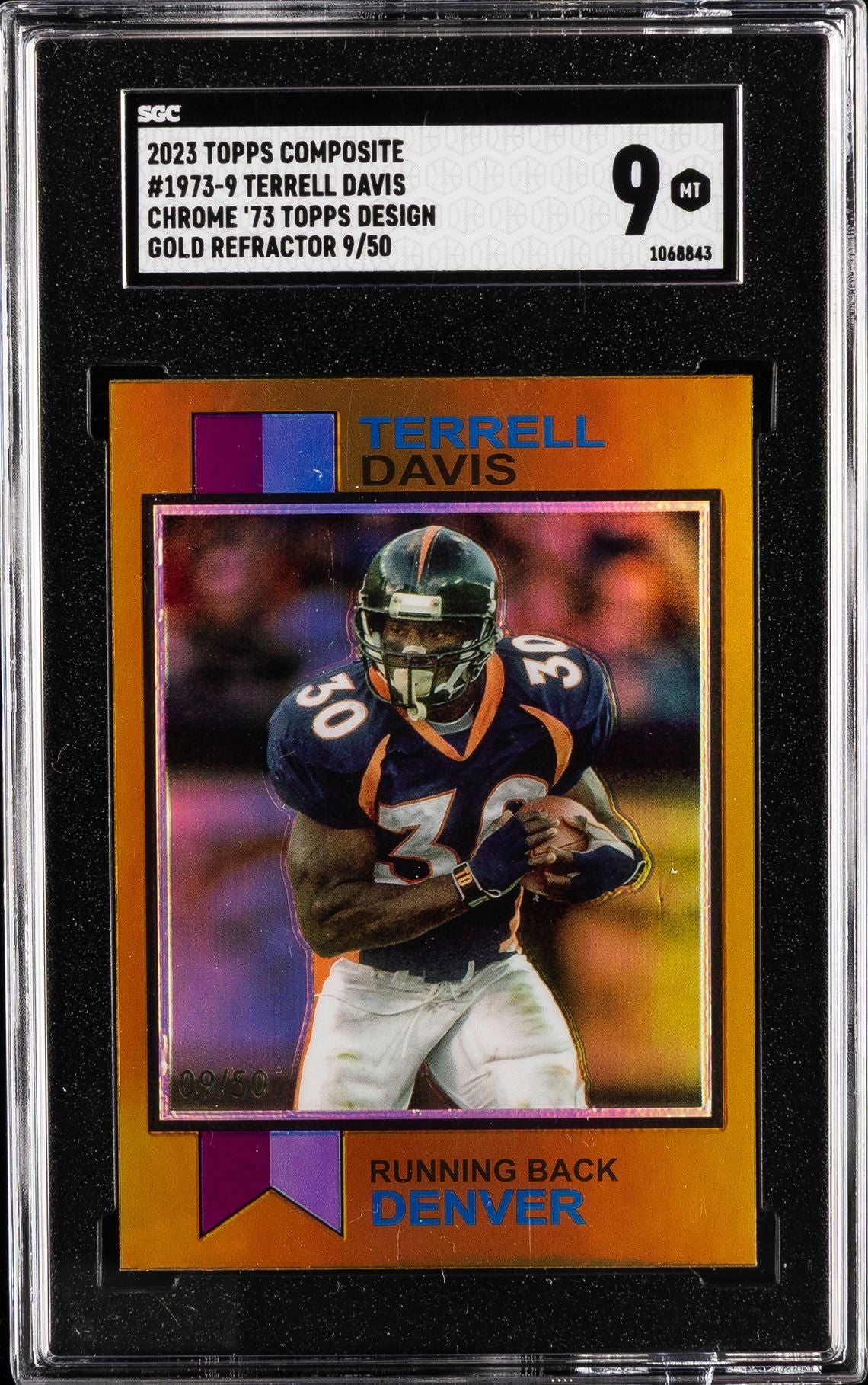 2023 TOPPS CHROME 73' TOPPS DESIGN GOLD REFRACTOR #1973-9 TERRELL DAVIS SGC 9