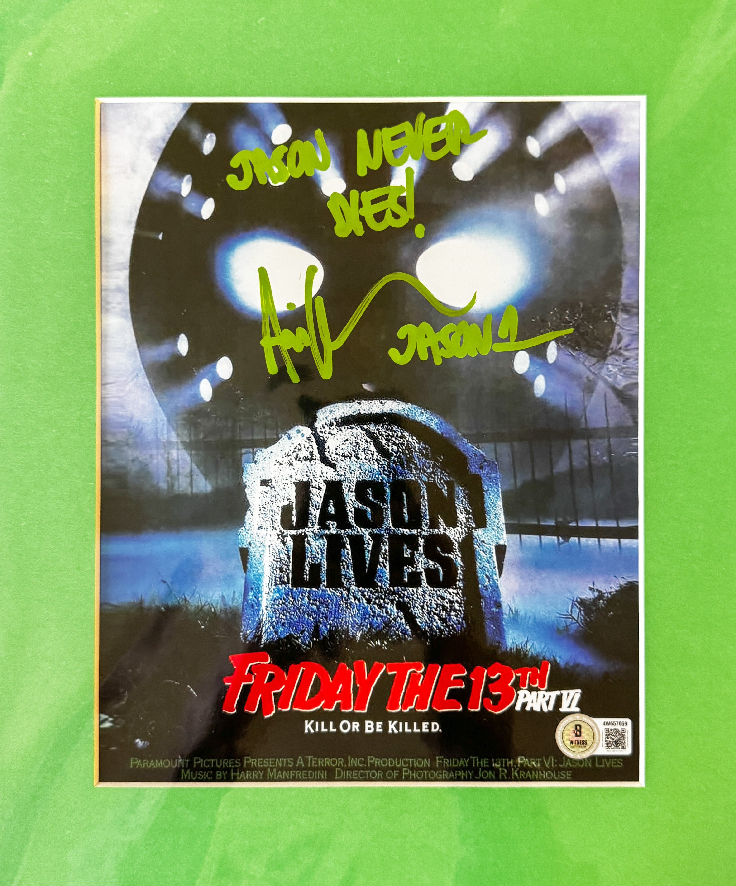Friday the 13th Ari Lehman Autographed 8x10 Photo - "Jason Never Dies" Green Ink, Part VI Green Matting Beckett/W