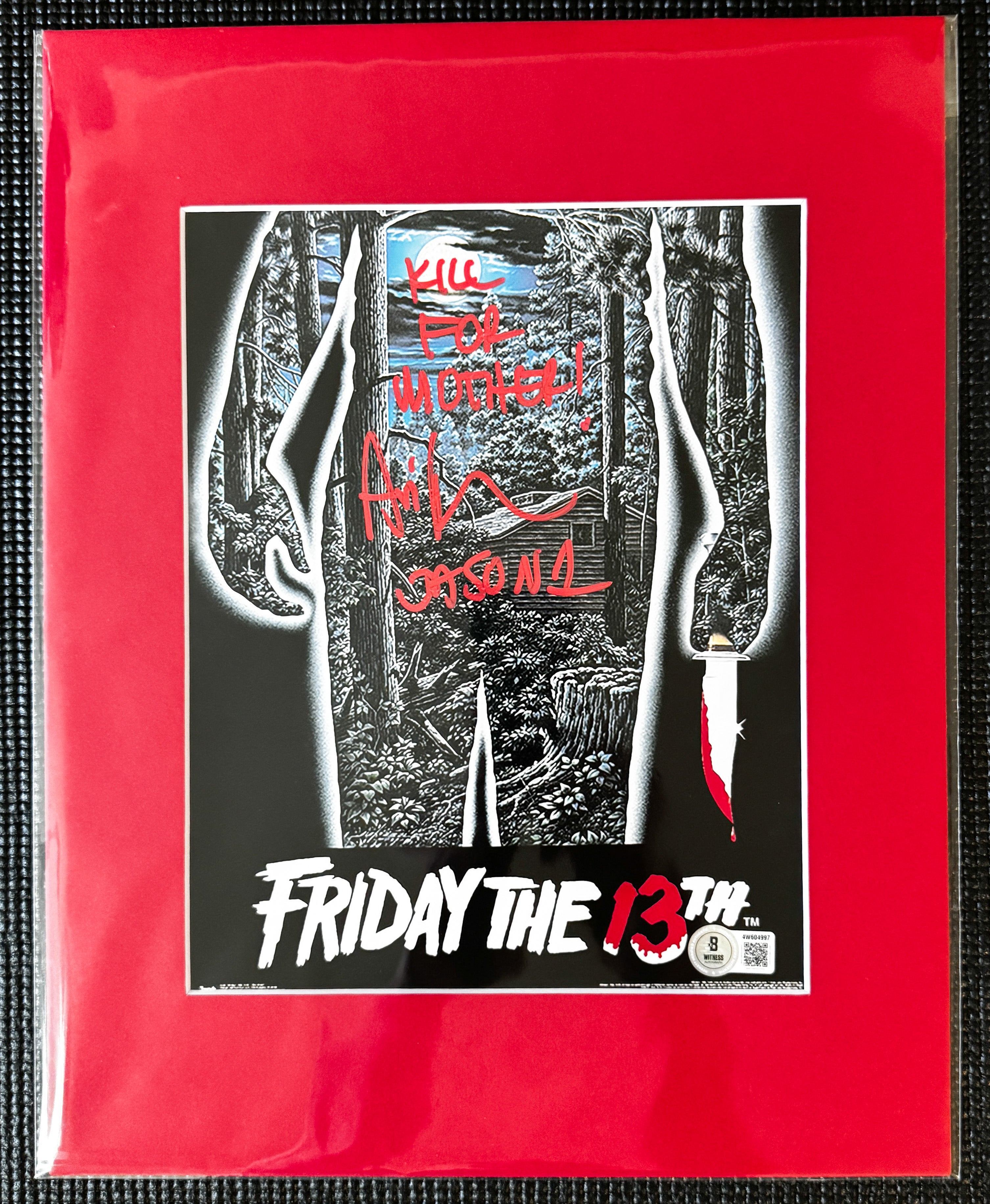 Friday the 13th Ari Lehman Autographed 8x10 Photo - "Kill For Mother" Red Ink, Cabin W/ Red Matting Beckett/W