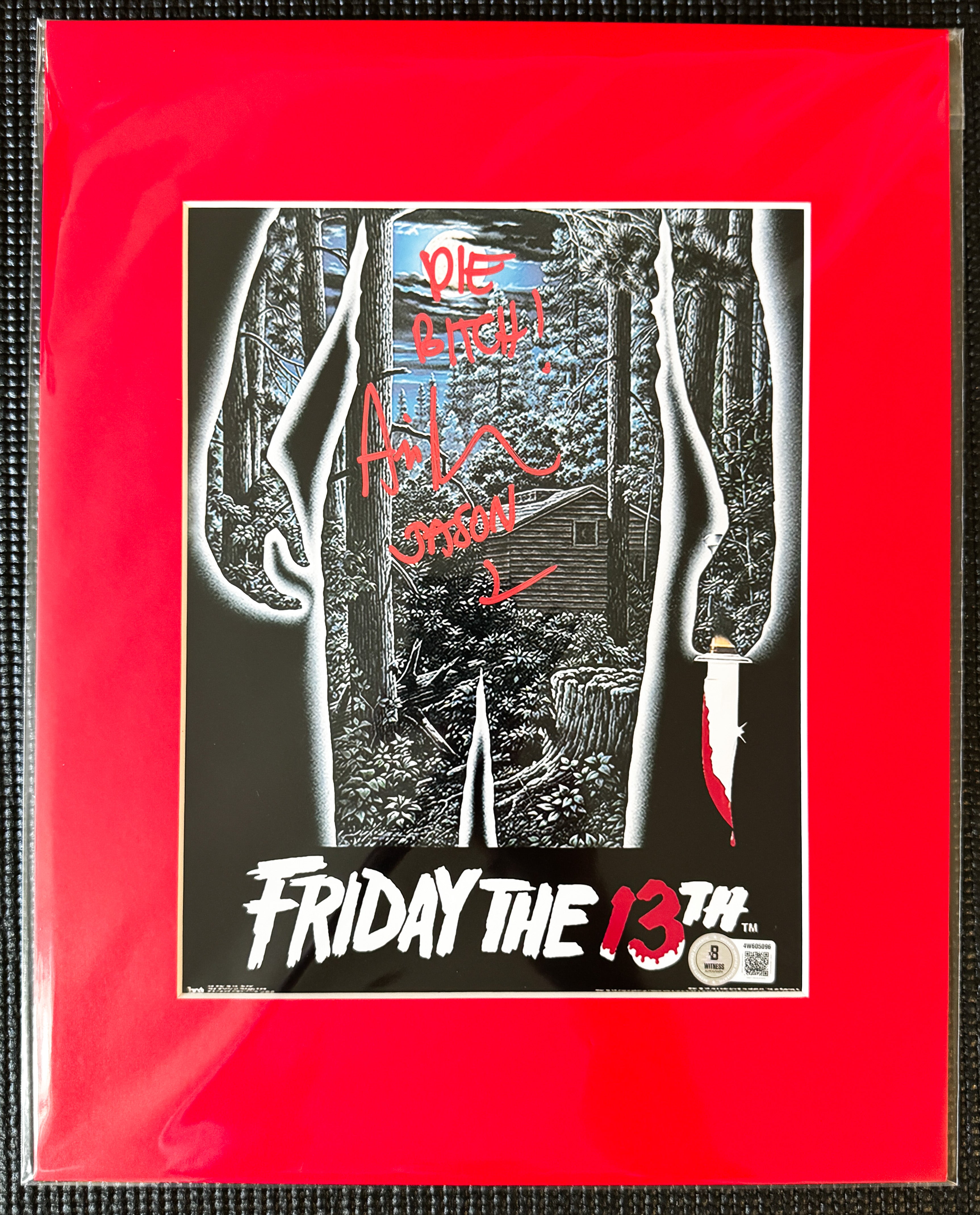 Friday the 13th Ari Lehman Autographed 8x10 Photo - "Die Bitch" Red Ink, Cabin W/ Red Matting Beckett/W