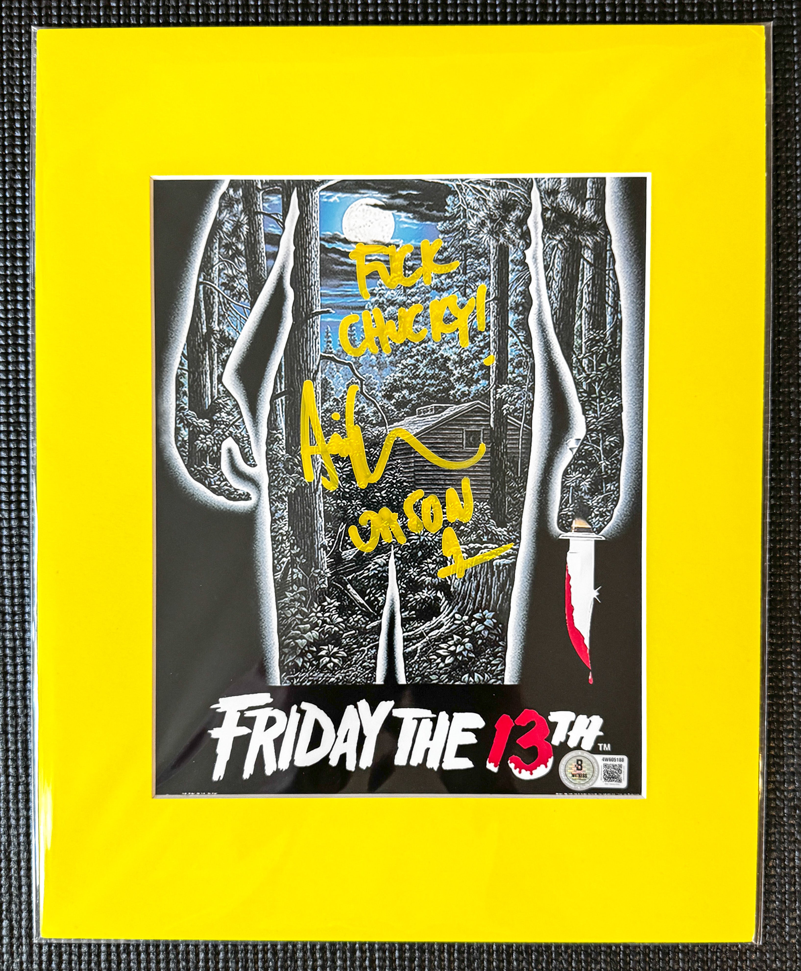 Friday the 13th Ari Lehman Autographed 8x10 Photo - "Fuck Chucky" Yellow Ink, Cabin W/ Yellow Matting Beckett/W