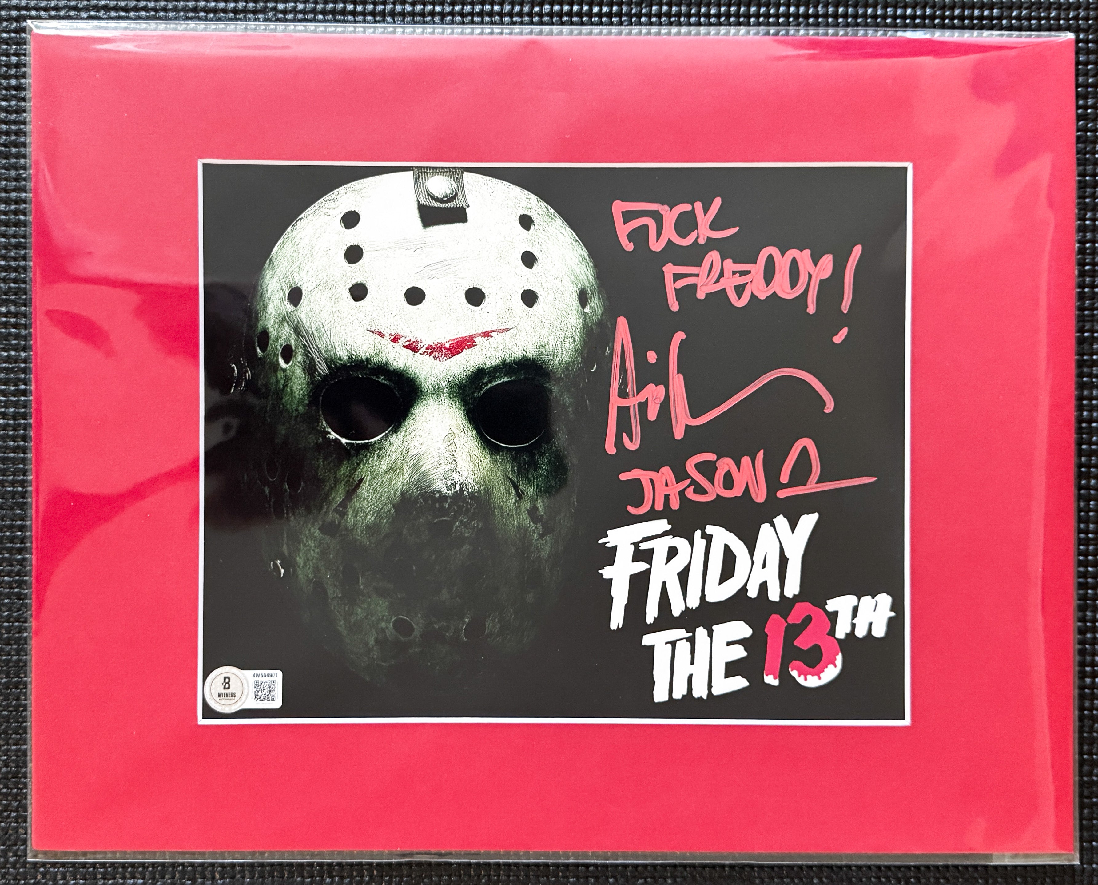Friday the 13th Ari Lehman Autographed 8x10 Photo - "Fuck Freddy" Red Ink, Mask W/ Red Matting Beckett/W