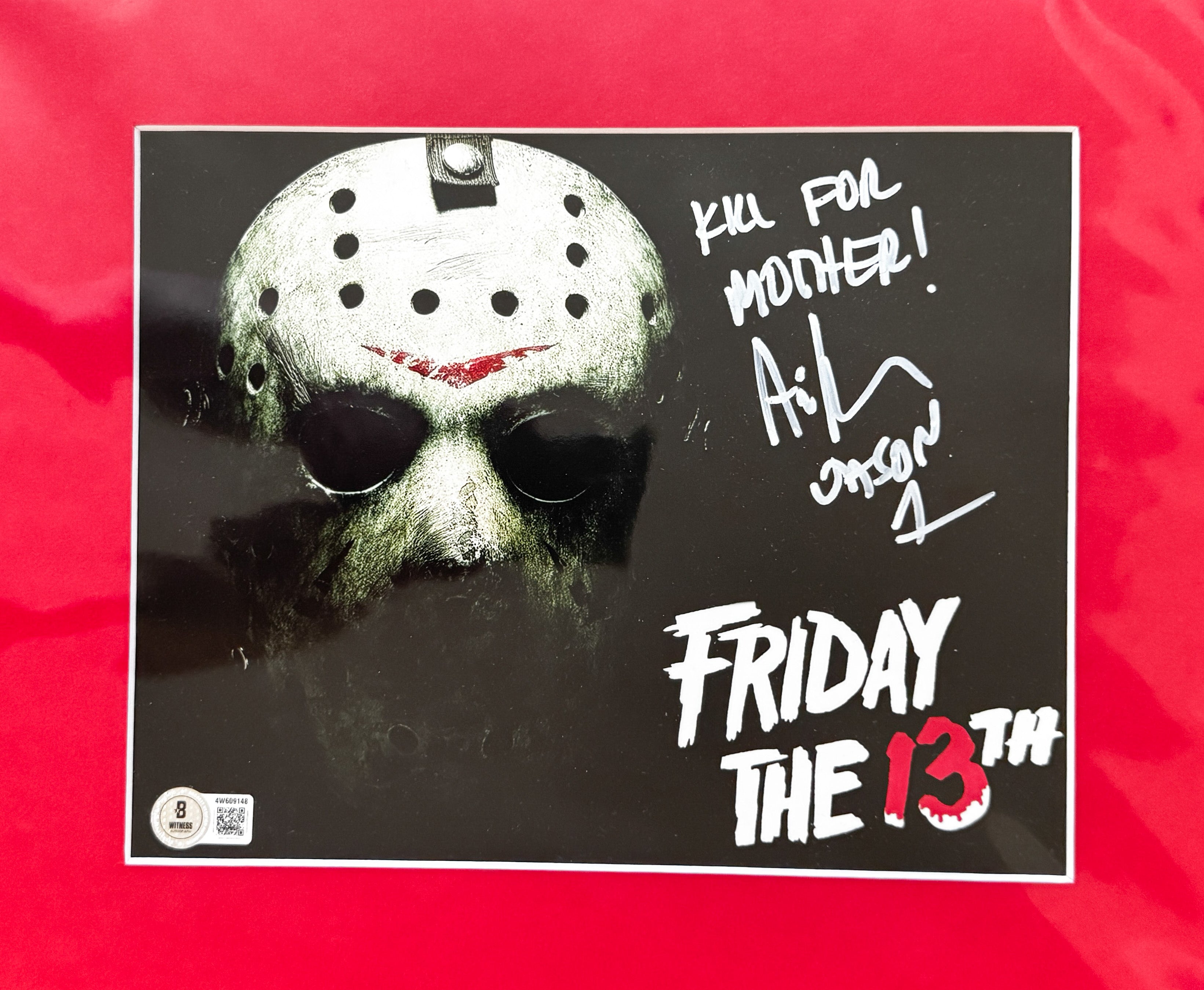 Friday the 13th Ari Lehman Autographed 8x10 Photo - "Kill For Mother" White Ink, Mask W/ Red Matting Beckett/W