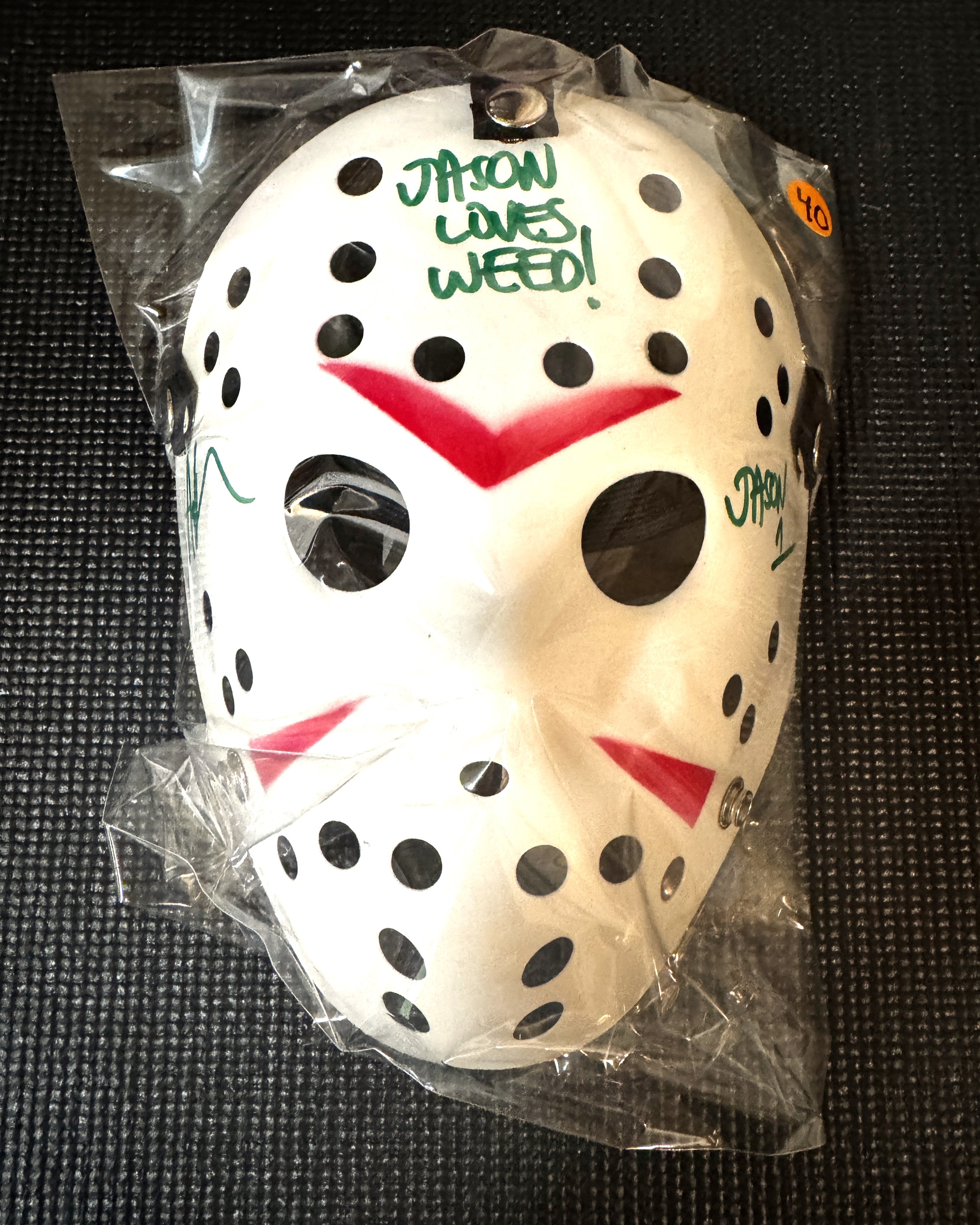 Friday the 13th Jason Mask Autographed by Ari Lehman. Beckett/W  (White Mask, Jason Loves Weed W/ Green Ink)