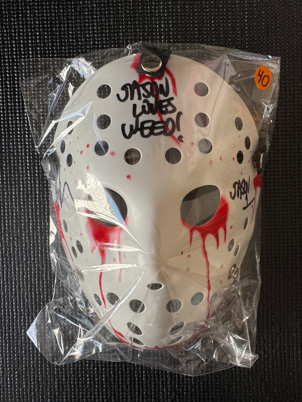 Friday the 13th Jason Mask Autographed by Ari Lehman. Beckett/W  (White Bloody Mask, Jason Loves Weed W/ Black Ink)