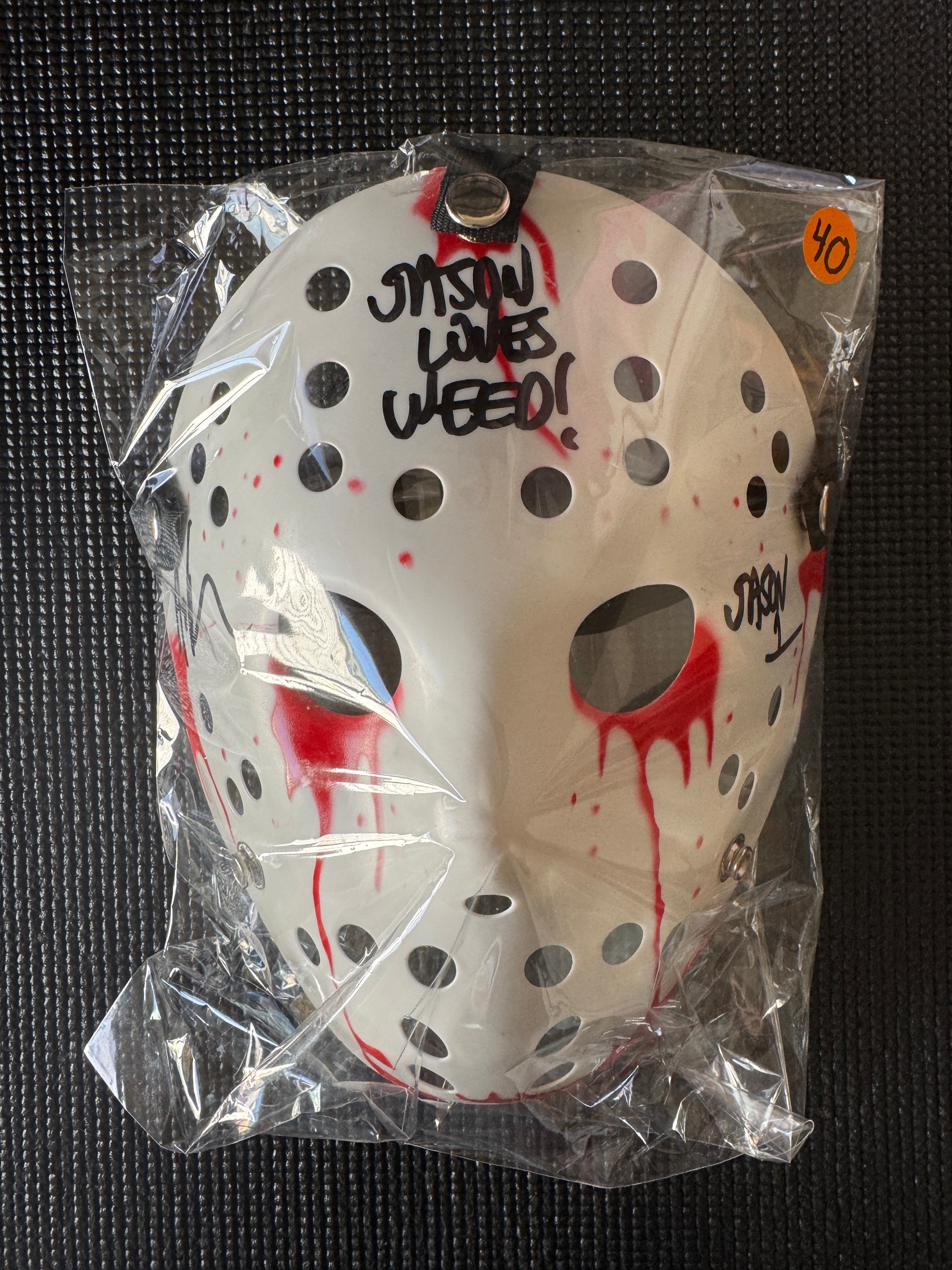 Friday the 13th Jason Mask Autographed by Ari Lehman. Beckett/W  (White Bloody Mask, Jason Loves Weed W/ Black Ink)