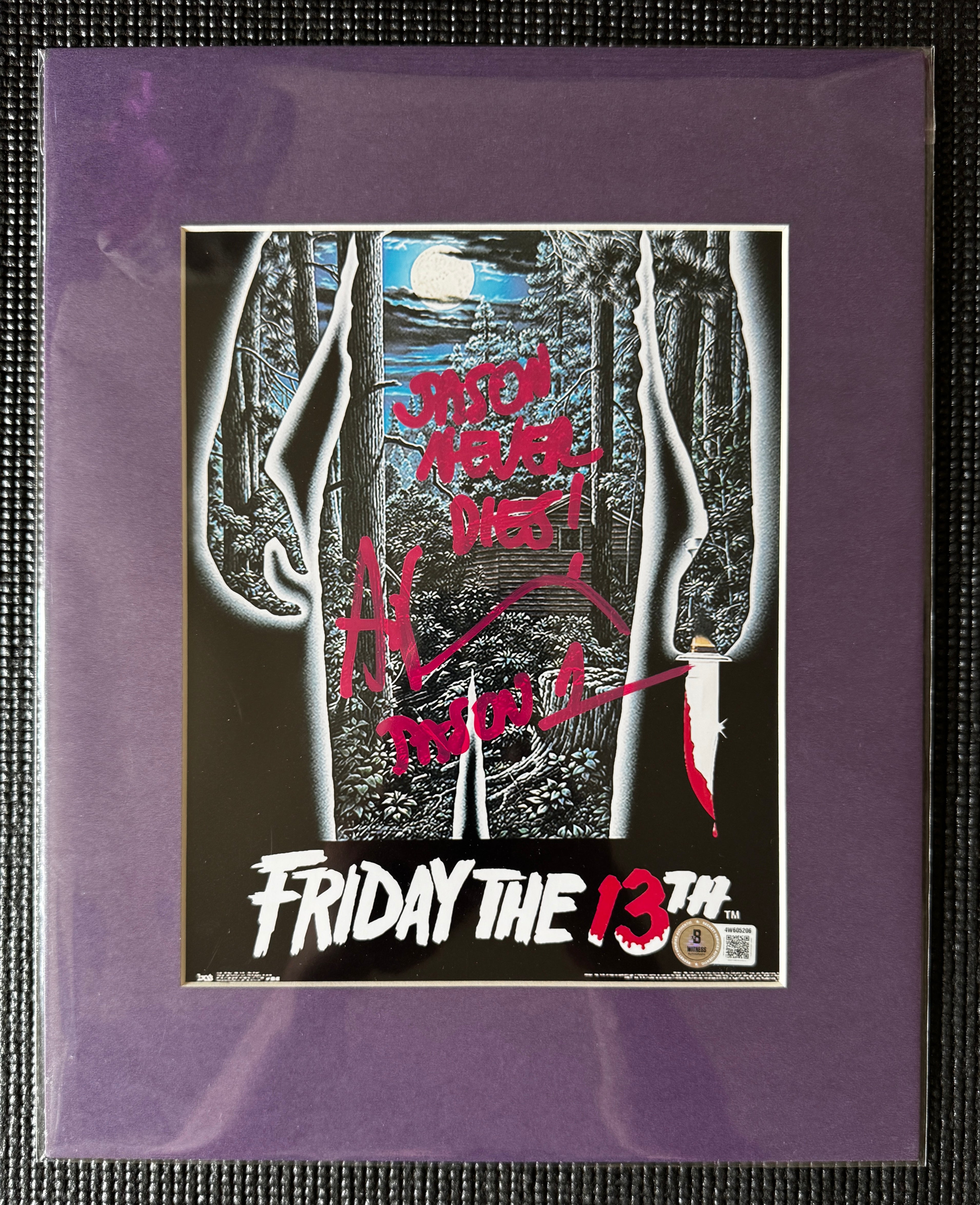 Friday the 13th Ari Lehman Autographed 8x10 Photo - "Jason Never Dies" Purple Ink, Cabin W/ Purple Matting Beckett/W