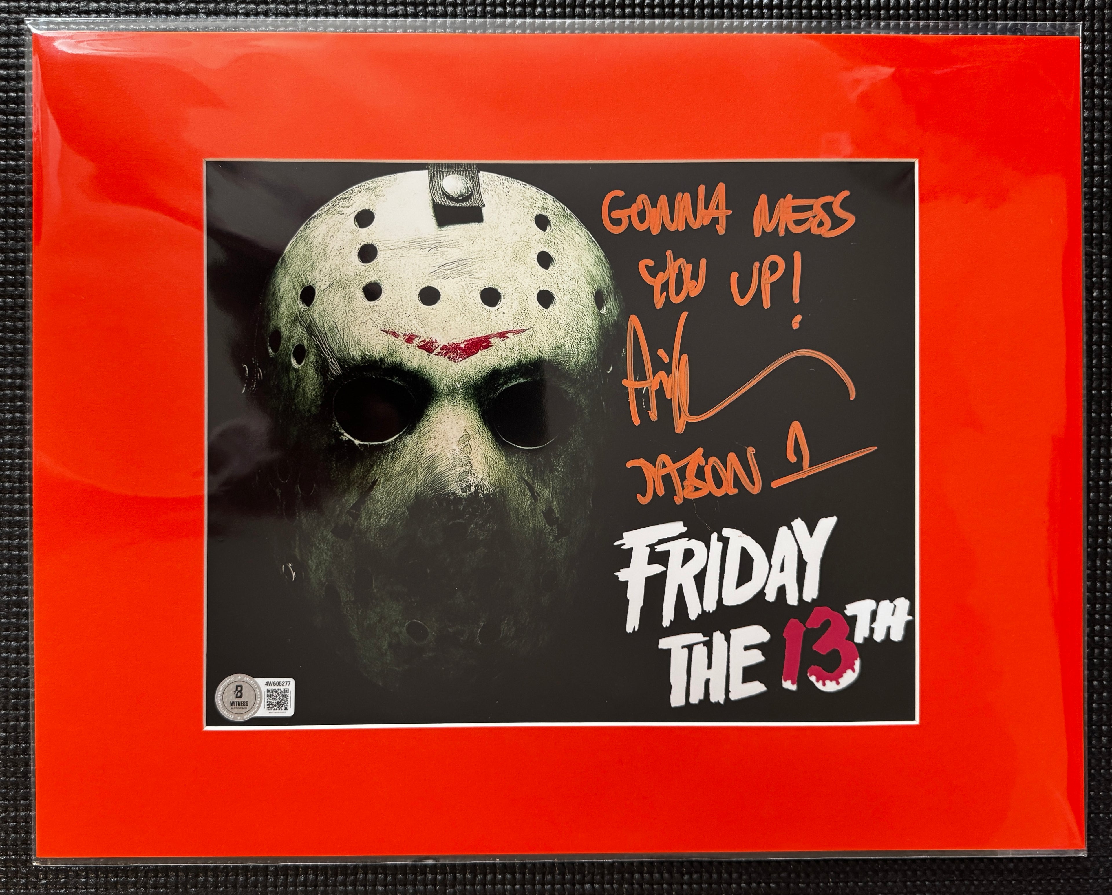Friday the 13th Ari Lehman Autographed 8x10 Photo - "Gonna Mess You Up" Orange Ink, Mask W/ Orange Matting Beckett/W