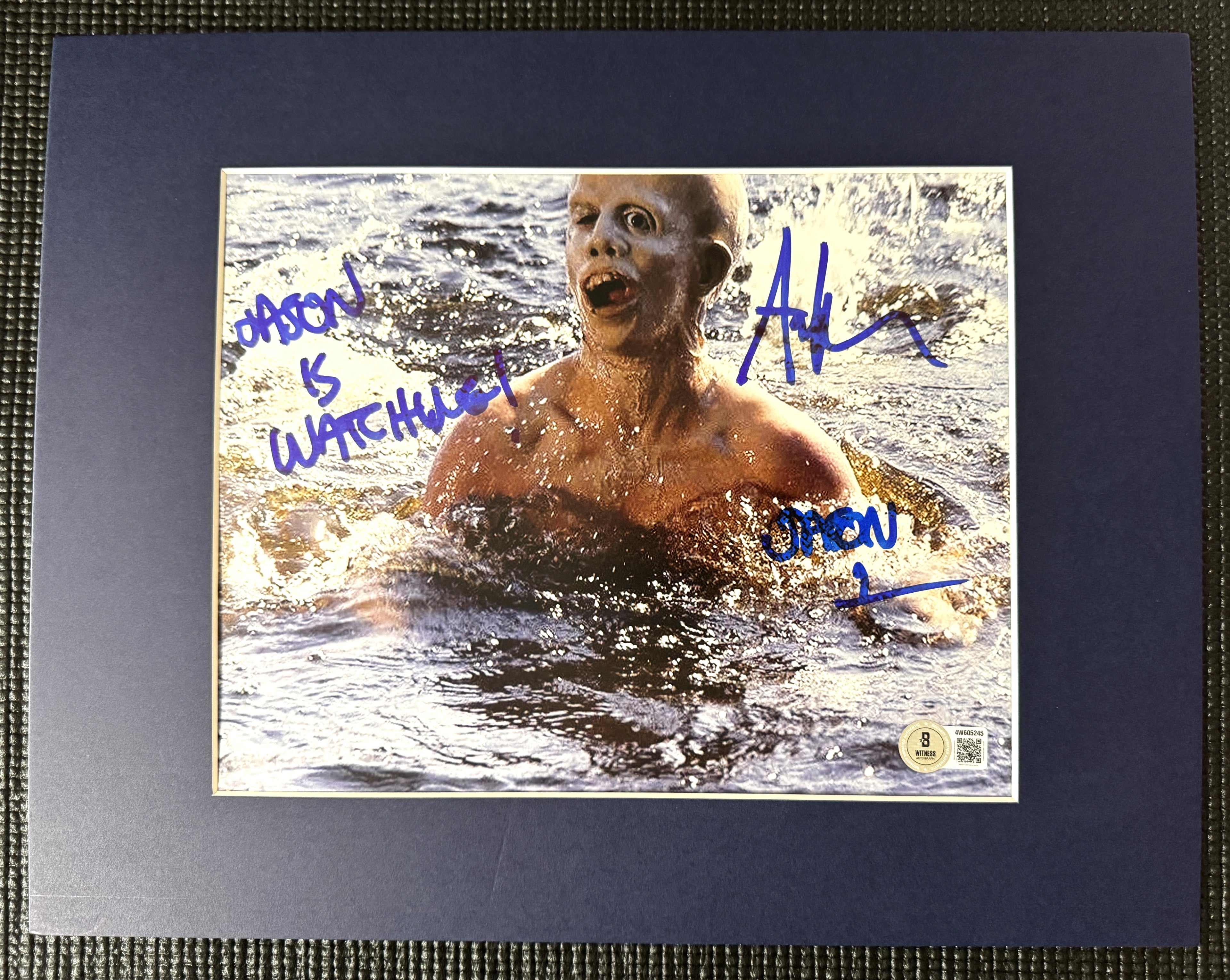 Friday the 13th Ari Lehman Autographed 8x10 Photo - "Jason Is Watching" Blue Ink, Lake W/ Blue Matting Beckett/W