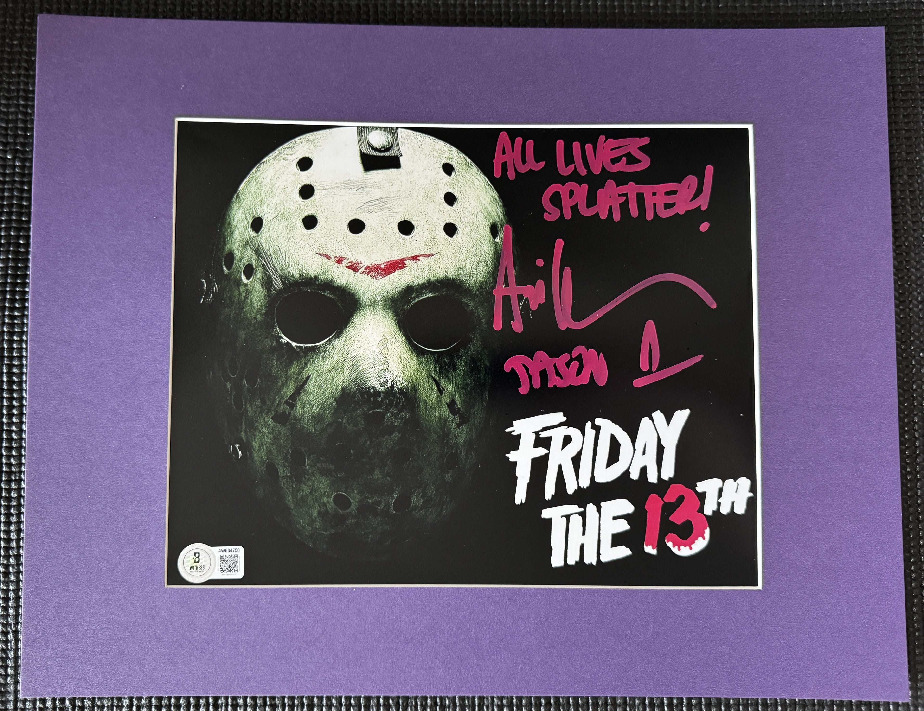 Friday the 13th Ari Lehman Autographed 8x10 Photo - "All Lives Splatter" Purple Ink, Mask W/ Purple Matting Beckett/W