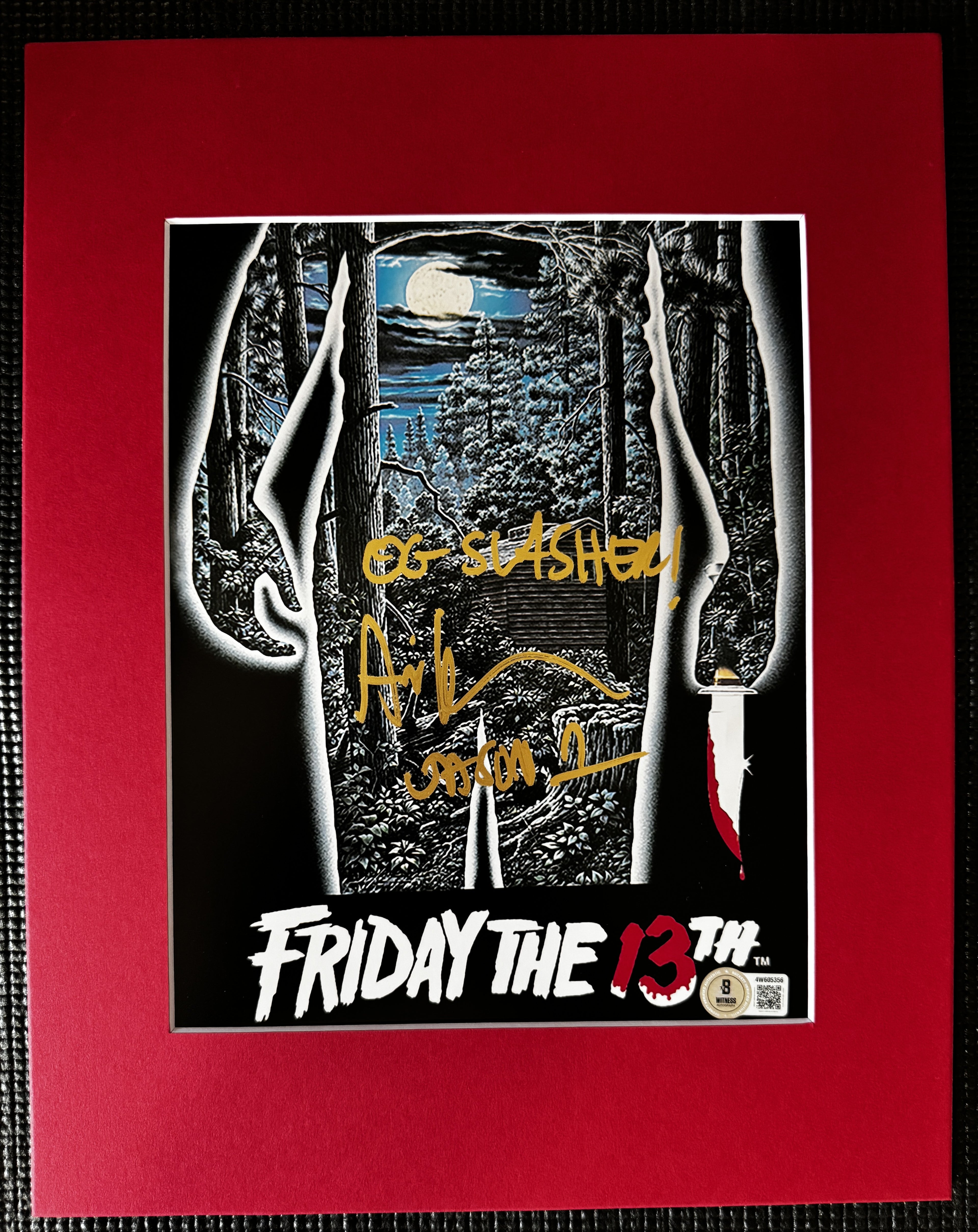 Friday the 13th Ari Lehman Autographed 8x10 Photo - "OG Slasher" Gold Ink, Cabin W/ Red Matting Beckett/W