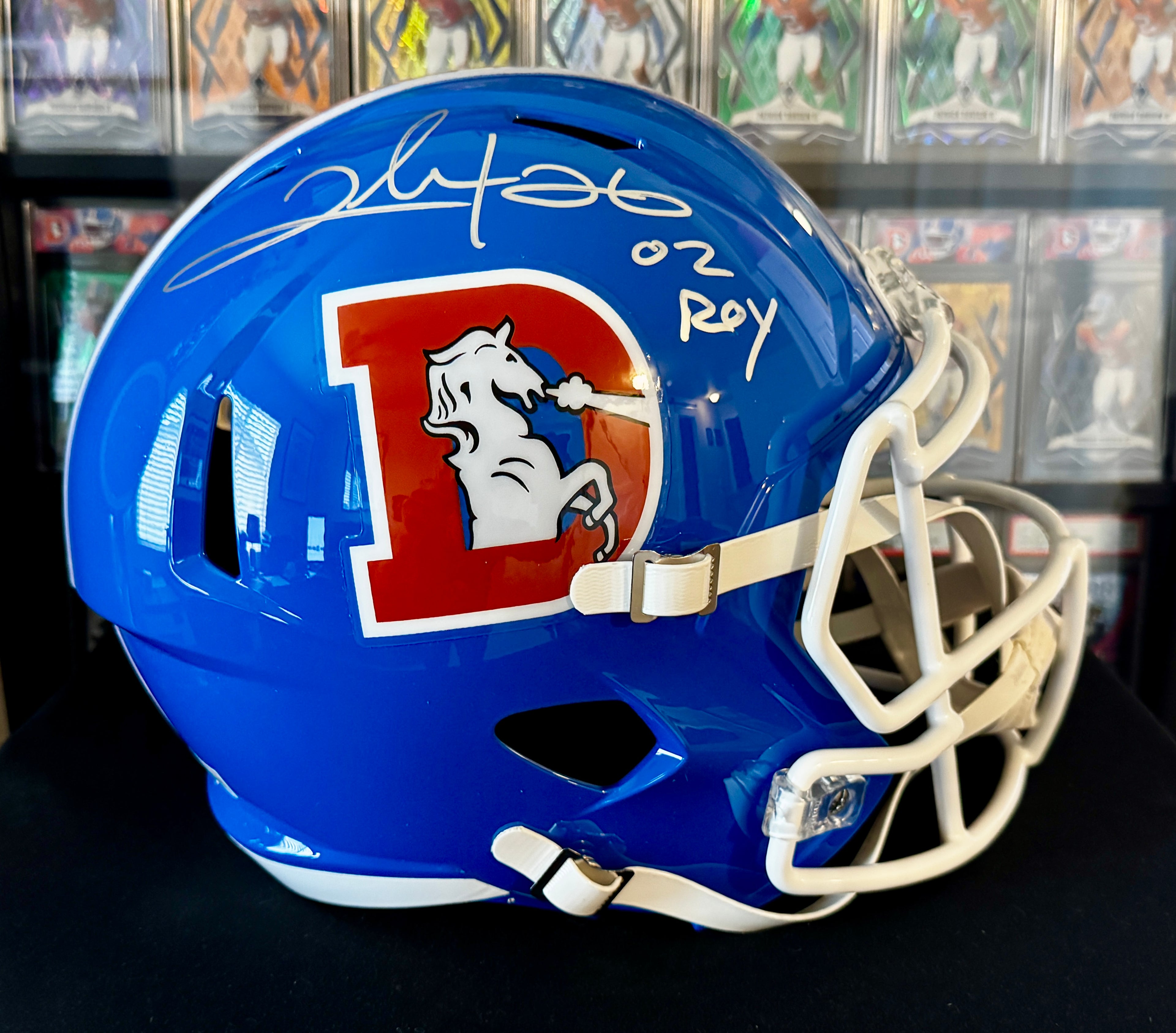 Clinton Portis Autographed & Inscribed "02 ROY" Denver Broncos Throwback Full-Size Helmet – Beckett/W