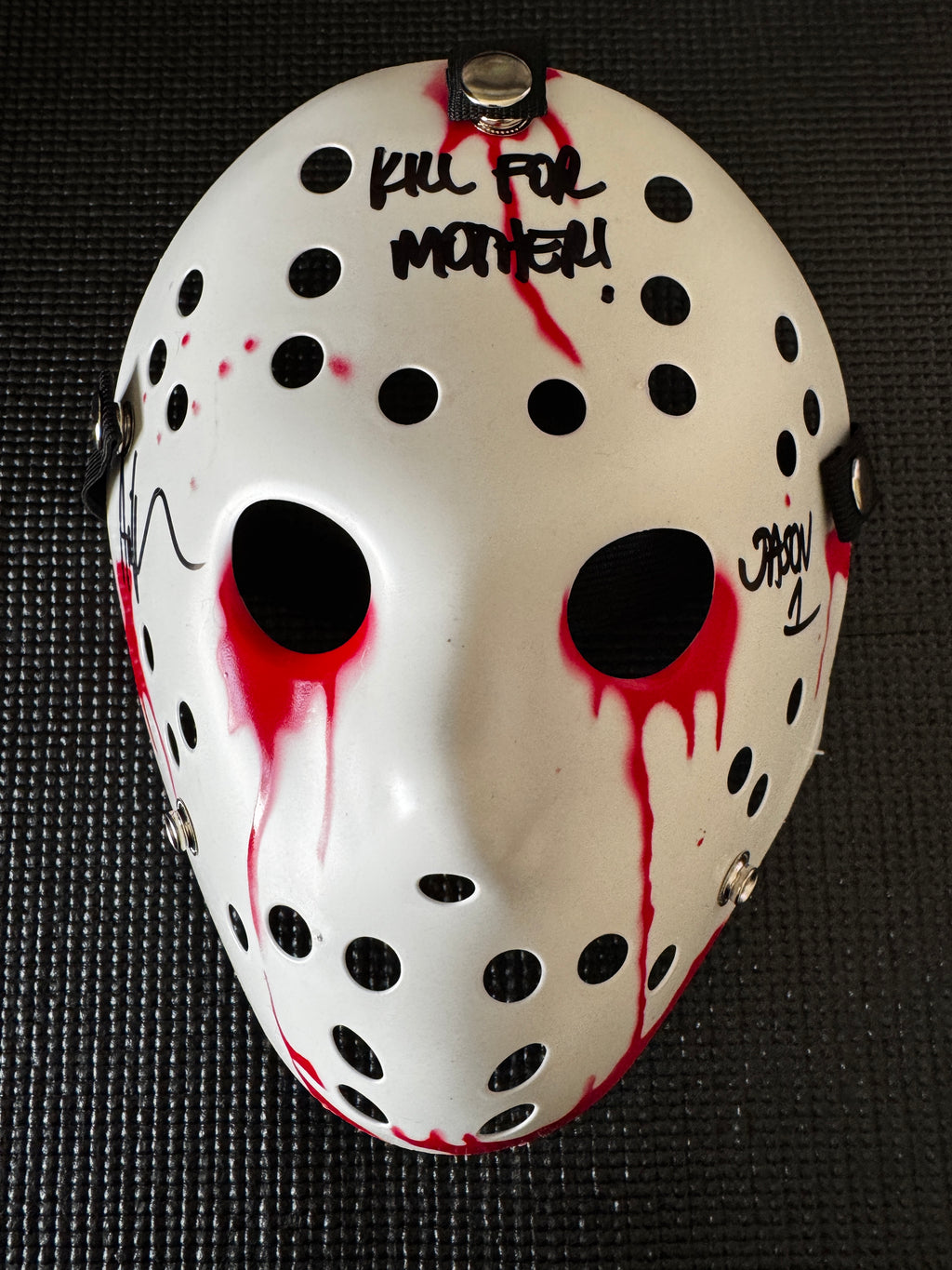 Friday the 13th Jason Mask Autographed by Ari Lehman. Beckett/W  (White Mask with blood, Kill for Mother w/ black ink)