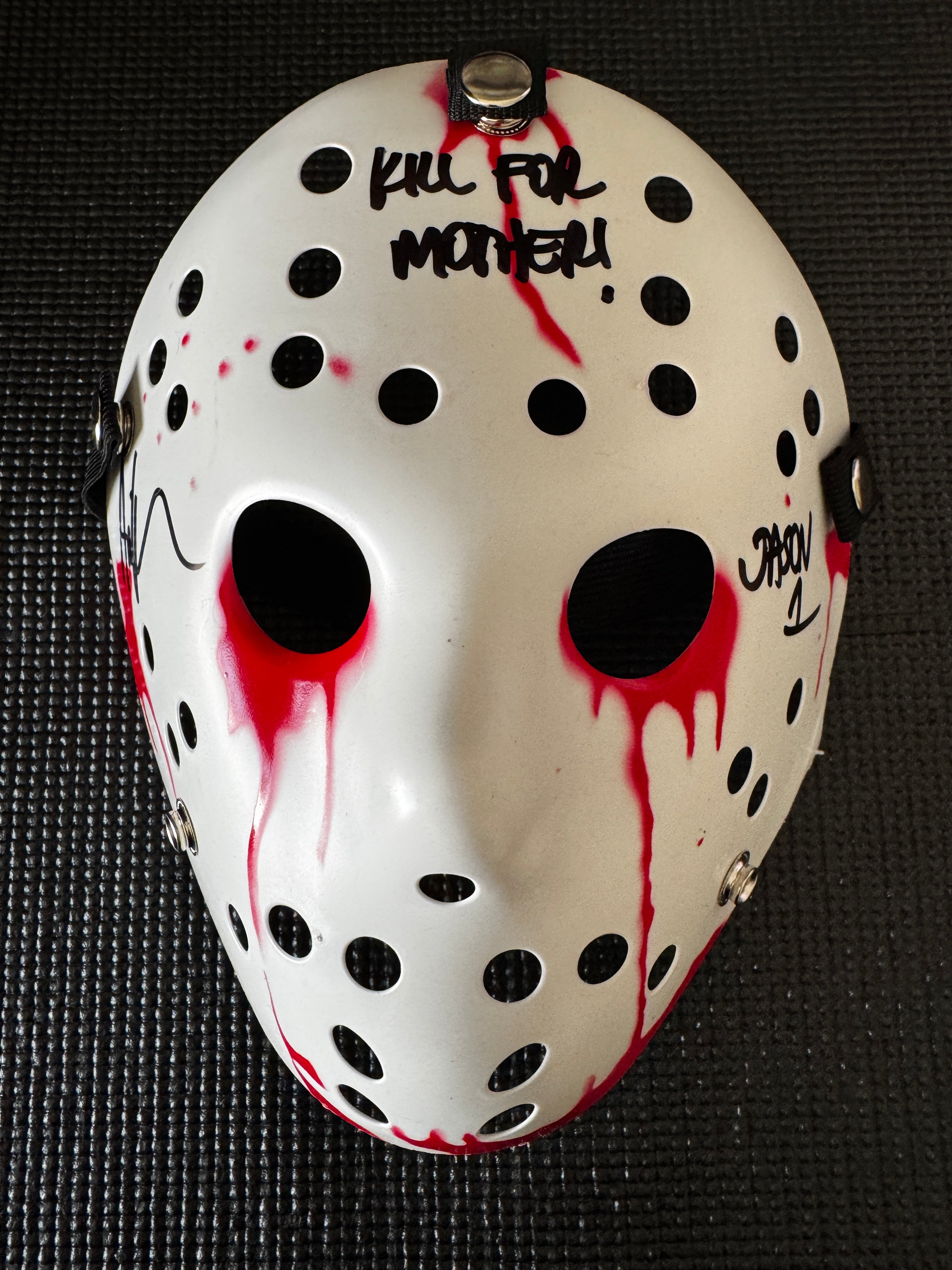 Friday the 13th Jason Mask Autographed by Ari Lehman. Beckett/W  (White Mask with blood, Kill for Mother w/ black ink)